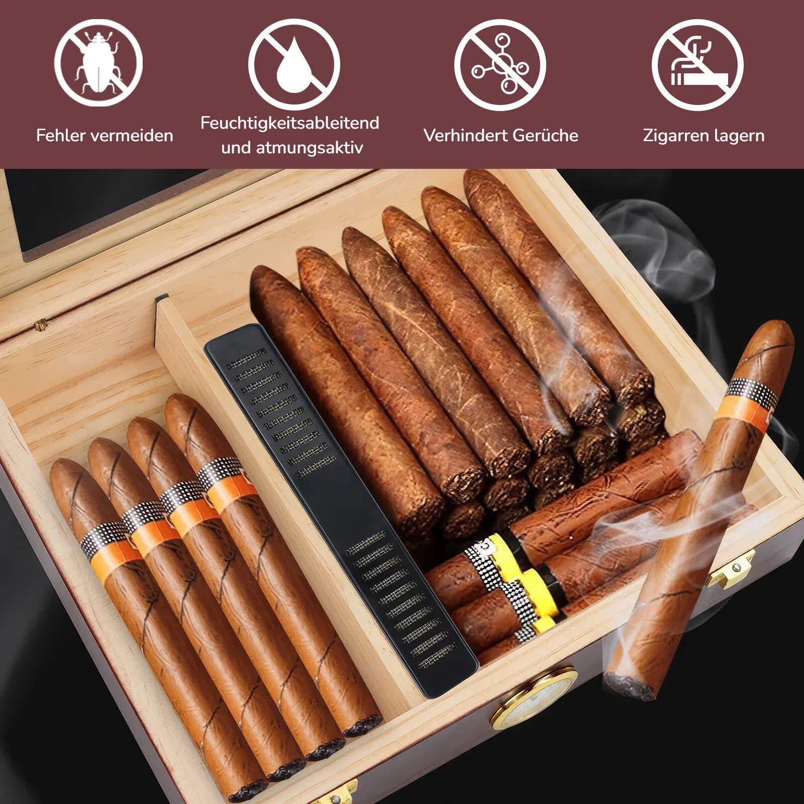 LEMLIT Humidor Zigarren Humidor Zedernholz Mit Hygrometer, Glasdeckel, Braun, Mit Trennwand Und Sichtfenster, Geschenk Für Männer – Bild 3 von 5