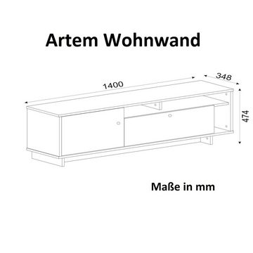 TV-Regal Wohnwand Artem Rebab Braun Dunkelgrau (Marmor Opt, Modernes, kompaktes TV Lowboard