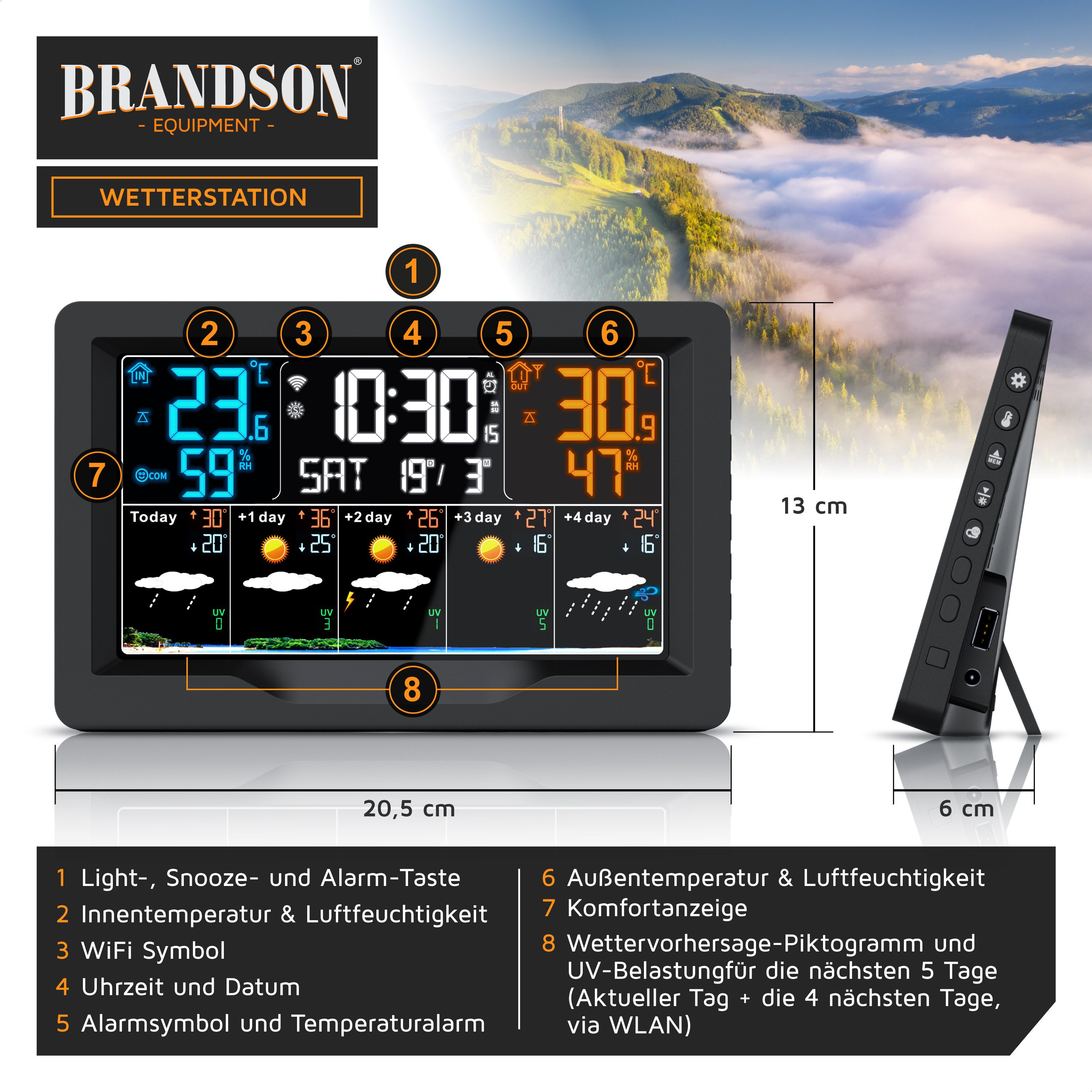 Brandson Funk mit Außensensor, Funkwetterstation, Wlan/WIFI, App Wetterprognose Wetterstation (mit Außensensor, Farbdisplay, UV-Index, Barometer, Luftfeuchtigkeit, Wecker)