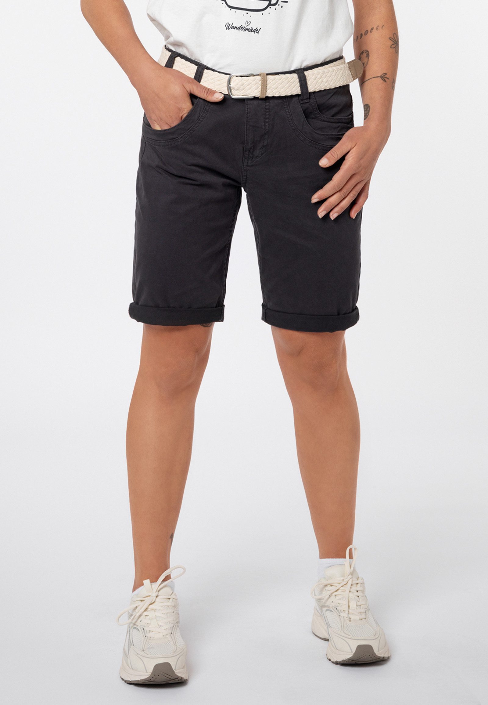 Bermudas Damen Sommer Stoffhose kurz mit buntem Flechtgürte