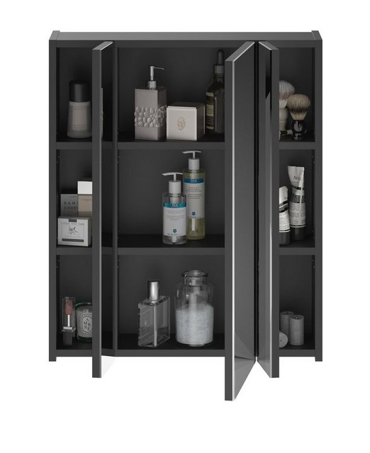 xonox.home Badezimmerspiegelschrank Linus (Bad Spiegelschrank in schwarz, 60 x 70 cm) 3-türig, 9 Fächer