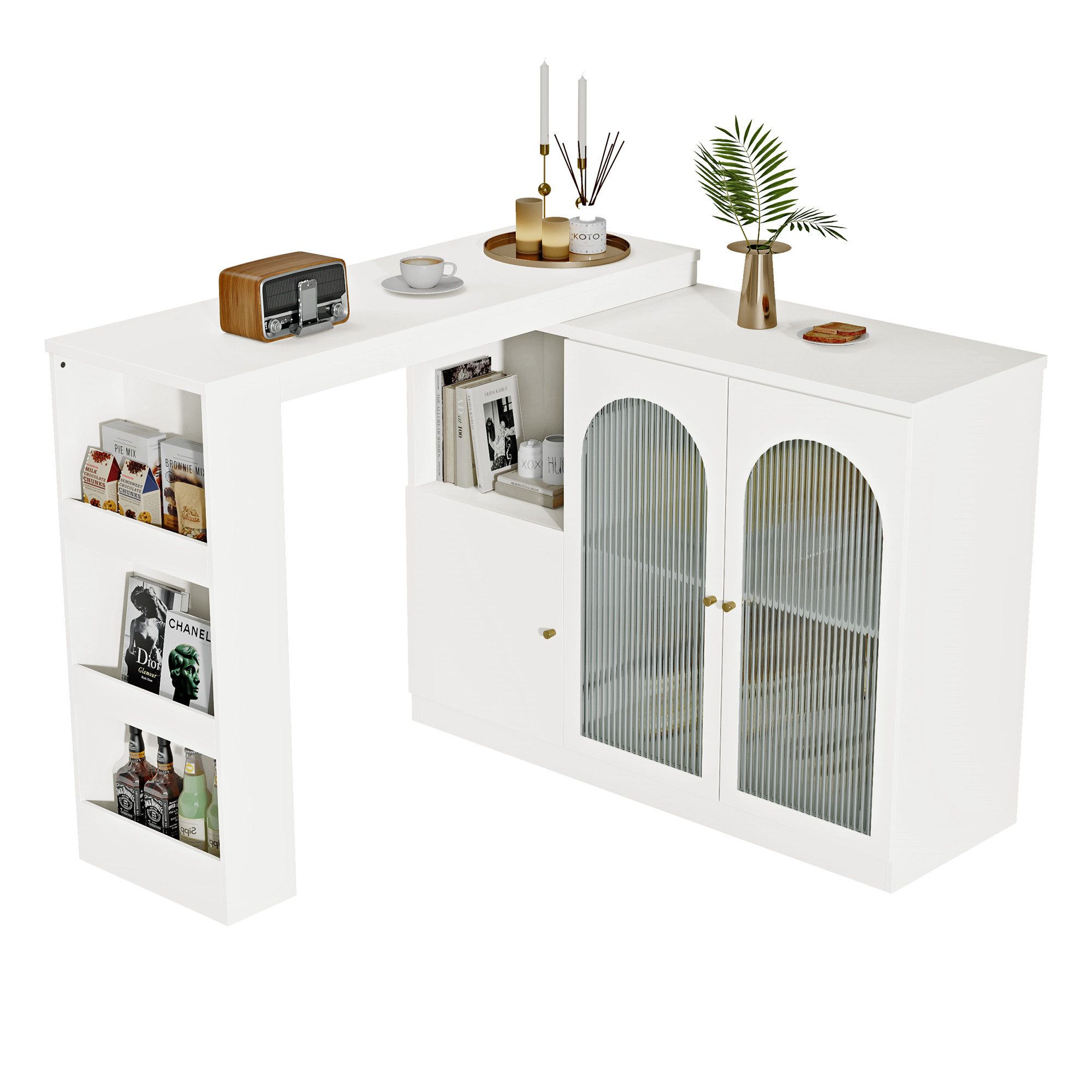 MODFU Bartisch 360° drehbare Essbar (rotierender Ess-Barschrank, multifunktionaler Aufbewahrungsschrank, 3 Türen), mit Glastür, für Küche und Esszimmer