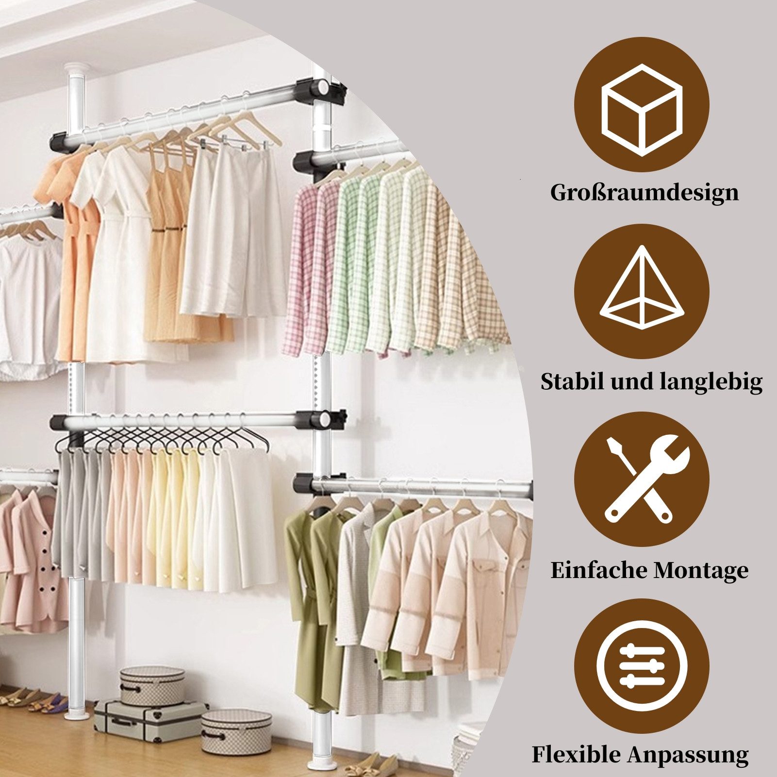 Vellora Kleiderbügel Kleiderständer, teleskopierbarer Kleiderstab, (1-tlg), Einstellbare Breite und Höhe, Einzelnes Stück kann bis zu 10 kg tragen