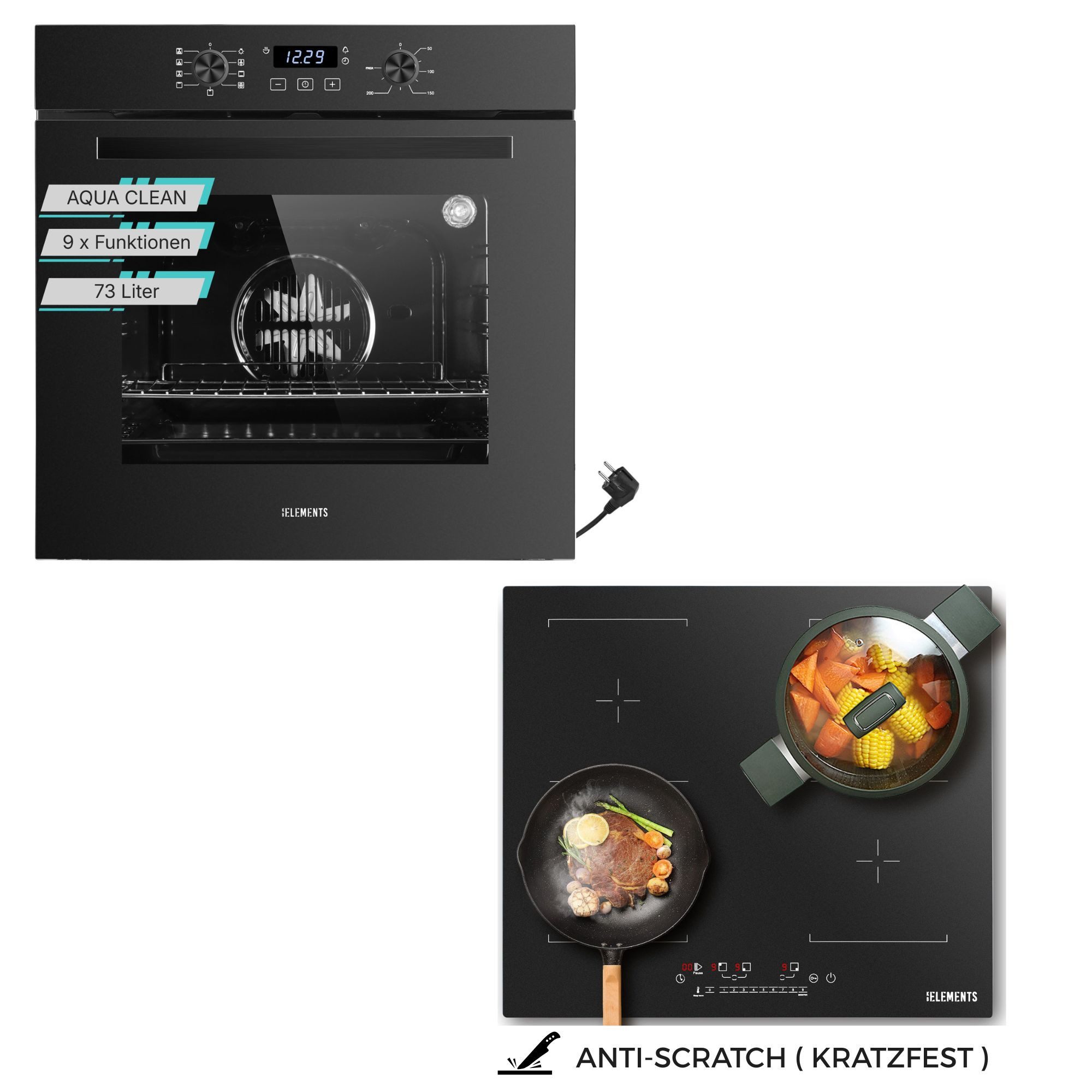 KB Elements Induktions Herd-Set Kratzfestes Induktion 60 cm mit Einbaubackofen 60 cm, Aqua Clean, Kratzfestes Induktionskochfeld mit Warmhaltefunktion
