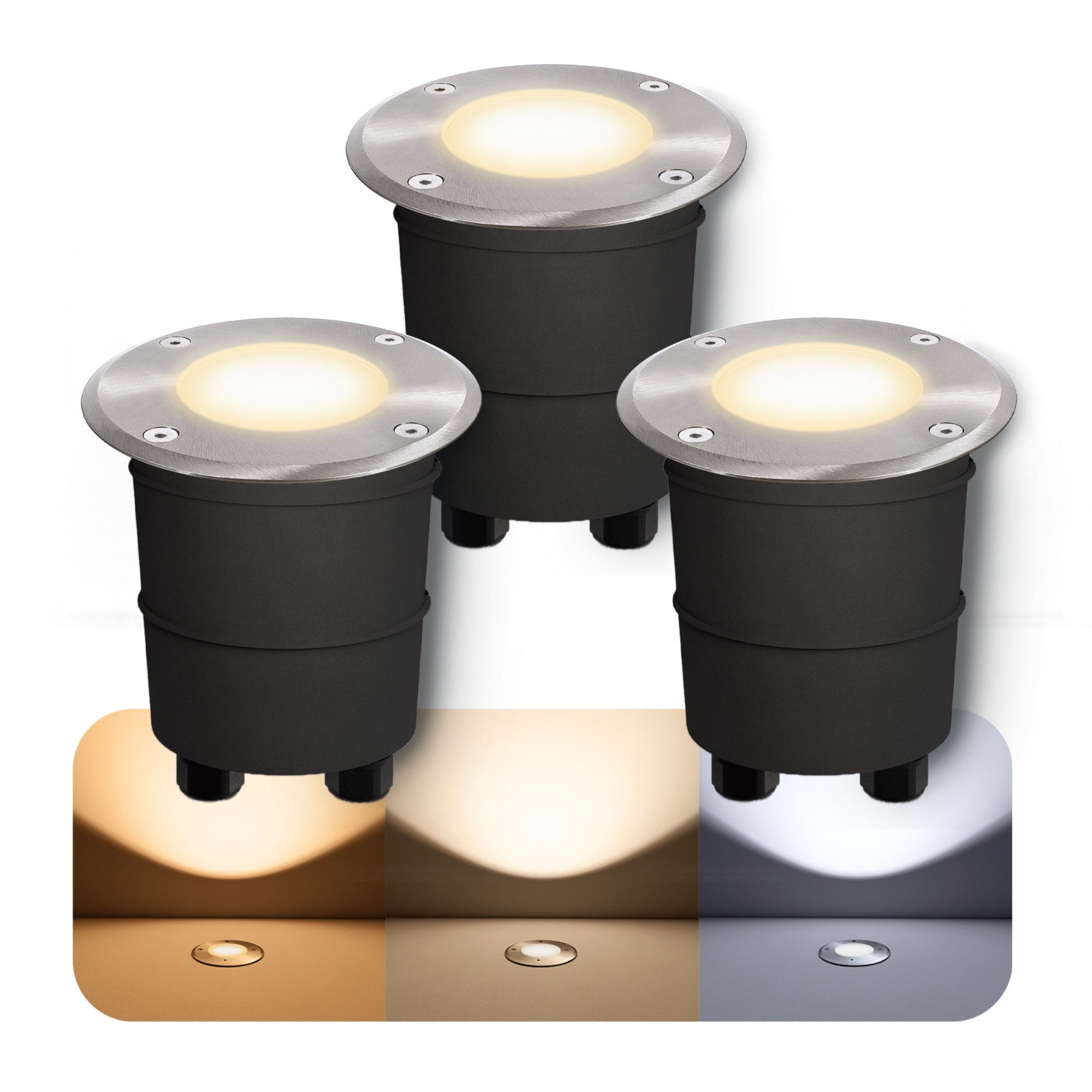 SSC-LUXon LED Gartenstrahler Bodeneinbaustrahler MARNE IP67 LED GU10 3W 3 Lichtmodi 3CCT Spot, Neutralweiß, Warmweiß, Tageslichtweiß