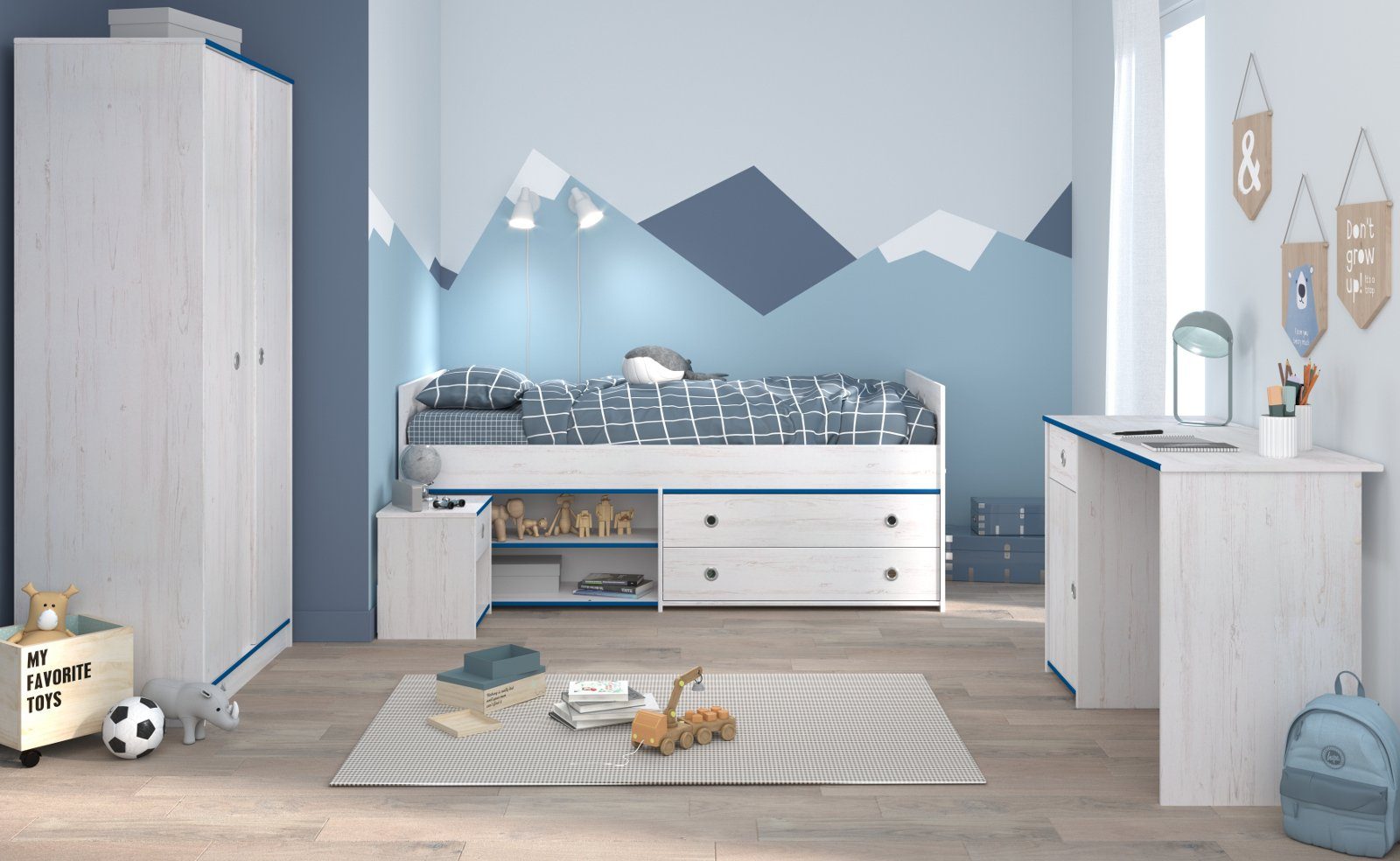 Parisot Jugendzimmer-Set Tivaro, (Kinderzimmer in Kiefer weiß, Komplett-Set 4-teilig), inkl. Absetzungen in Blau und Pink
