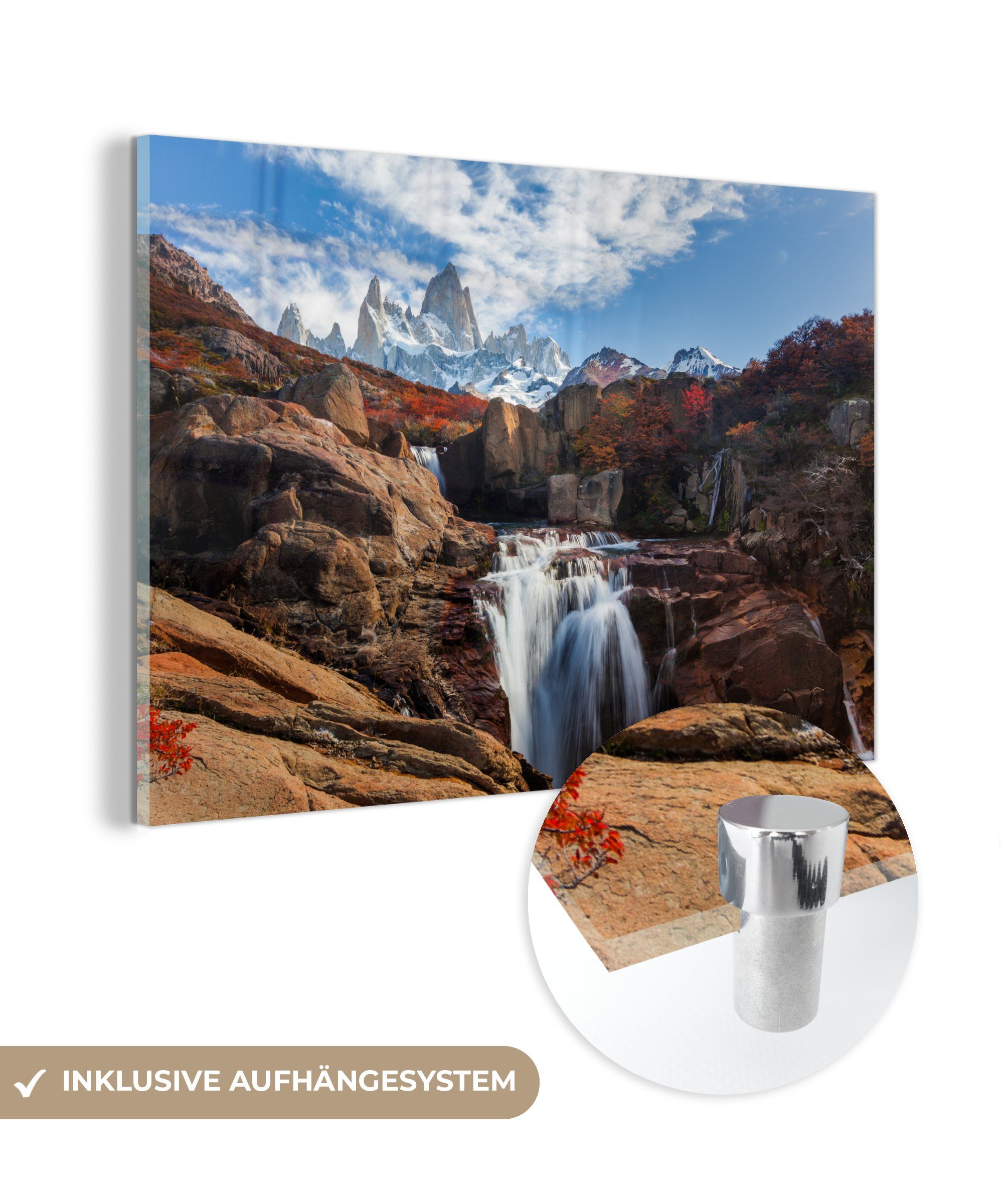 MuchoWow Acrylglasbild Bergketten und Wasserfälle im Herbst im Nationalpark Los Glaciares in, (1 St), Acrylglasbilder Wohnzimmer & Schlafzimmer | Bilder