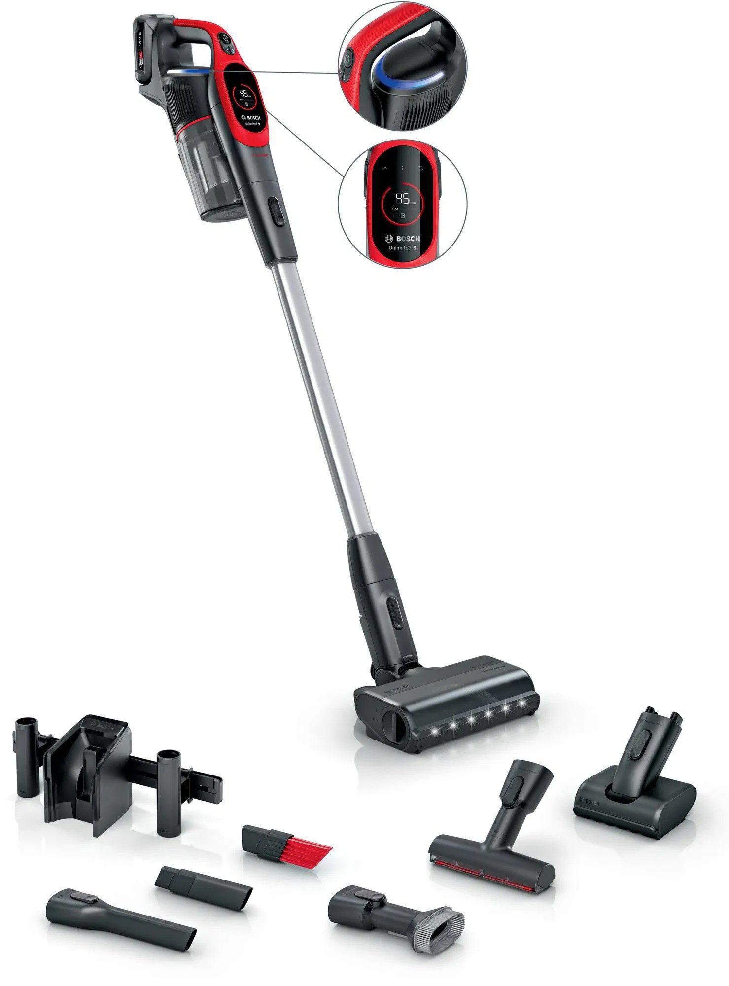 BOSCH Akku-Stielstaubsauger Unlimited 9 BBS931PET Akku Staubsauger Rot, 550 W, Beutellos