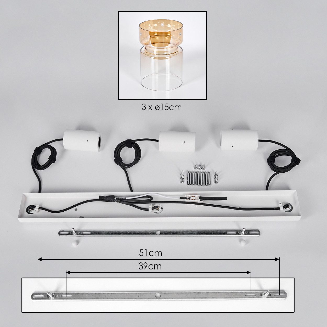 hofstein Hängeleuchte 3-flammige Hängelampe aus Metall/Glas in Weiß/Bernsteinfarben/Klar, ohne Leuchtmittel, Retro/Vintage-Pendelleuchte (15cm), E27, verstellbar bis 150cm
