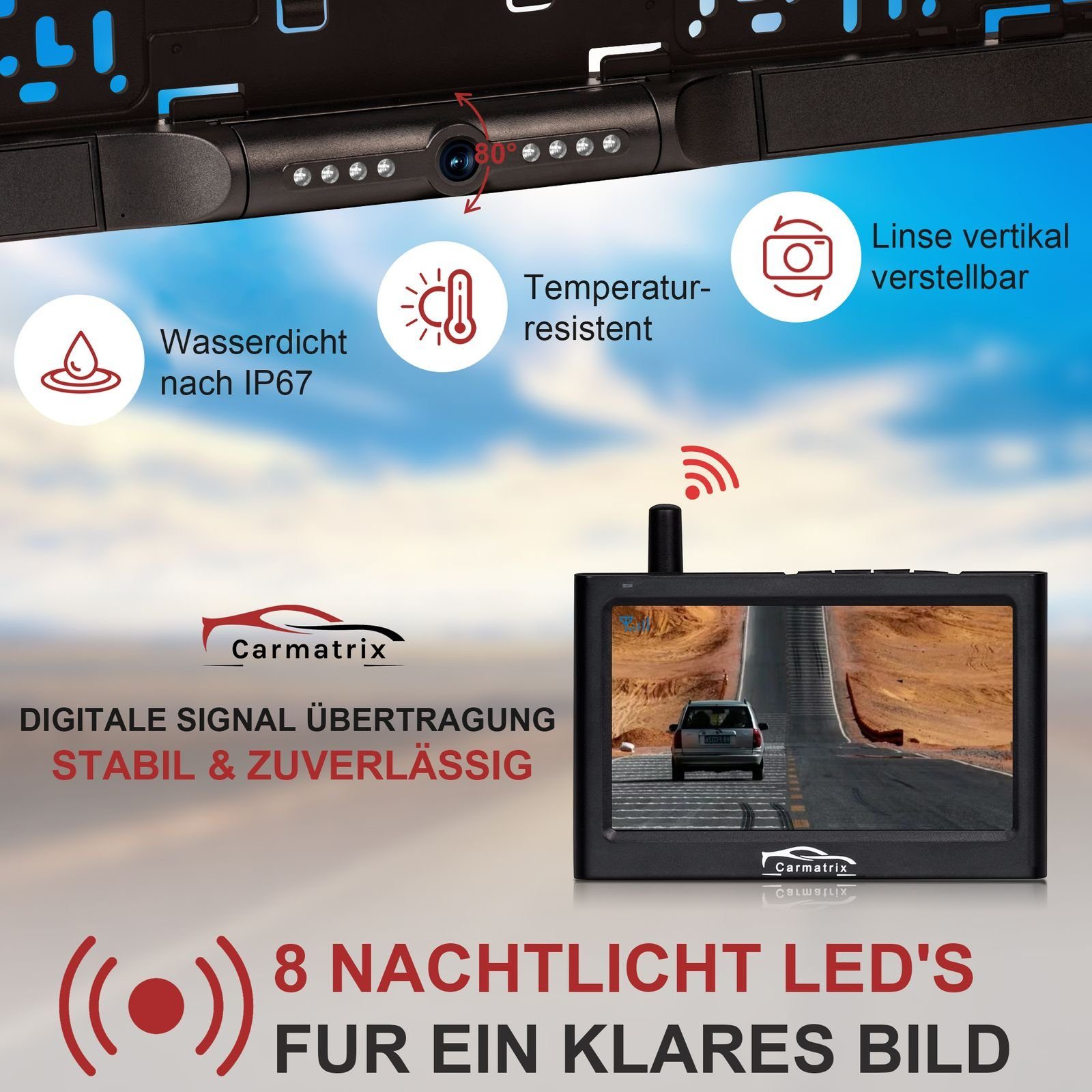 Einparkhilfe Rückfahrkamera CARMATRIX Rückfahrkamera 1 Funk Nummernschild Rückfahrsystem Kennzeichenhalter, nachrüsten) kabellose (Auto zum Digital Kabel im