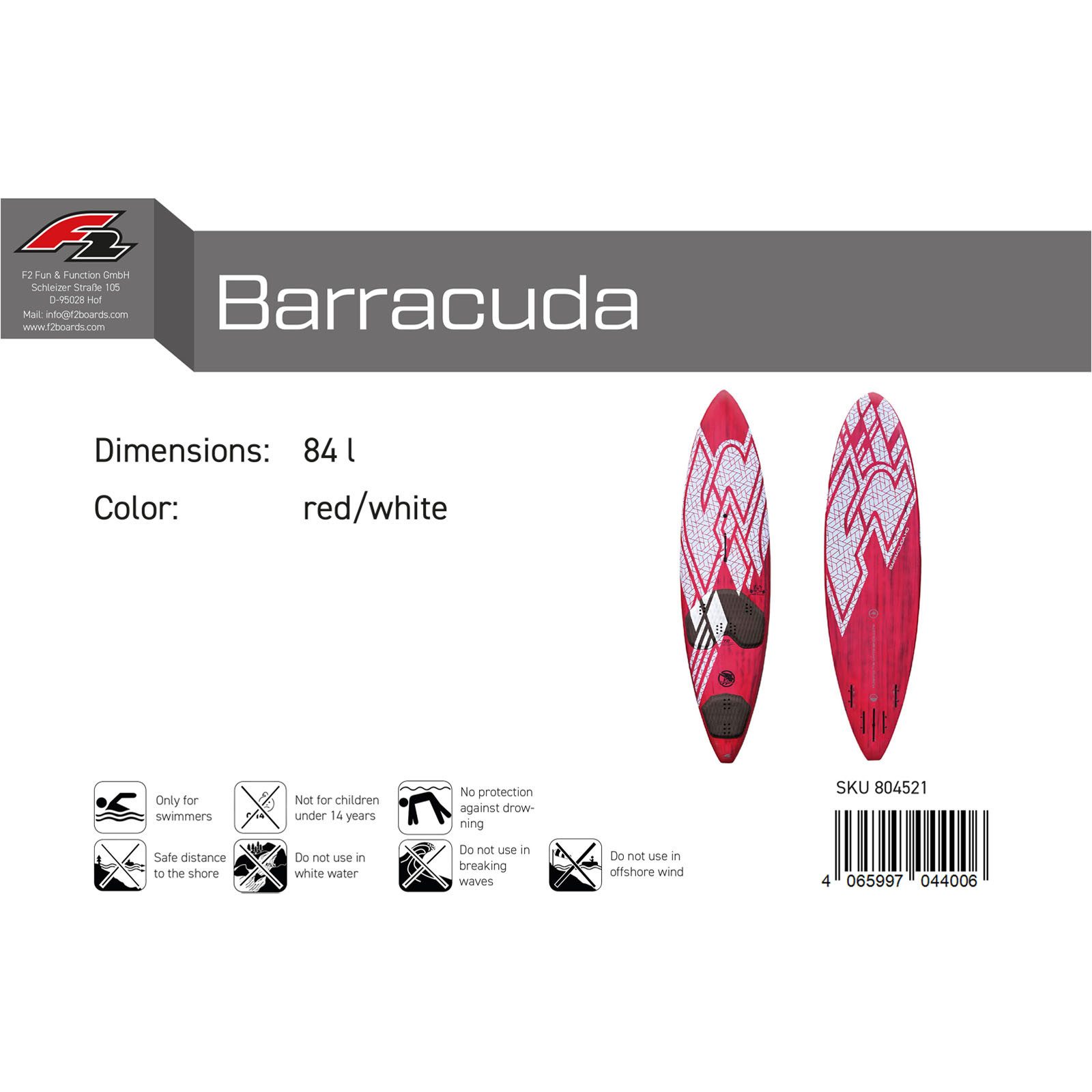 F2 Windsurfboard F2 Windsurfboard Barracuda HD 84 l Rot/Weiss 2024/25, Surfbrett