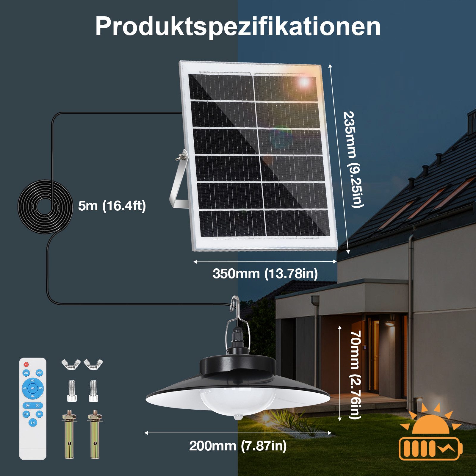 Rosnek LED Solarleuchte IP65 Wasserdichte Dimmbar Solarlampen für Außen mit Bewegungssensor, 5 Modi Solar Hängelampe mit 5m Kabel für Garten Balkon Pavillon – Bild 2 von 5