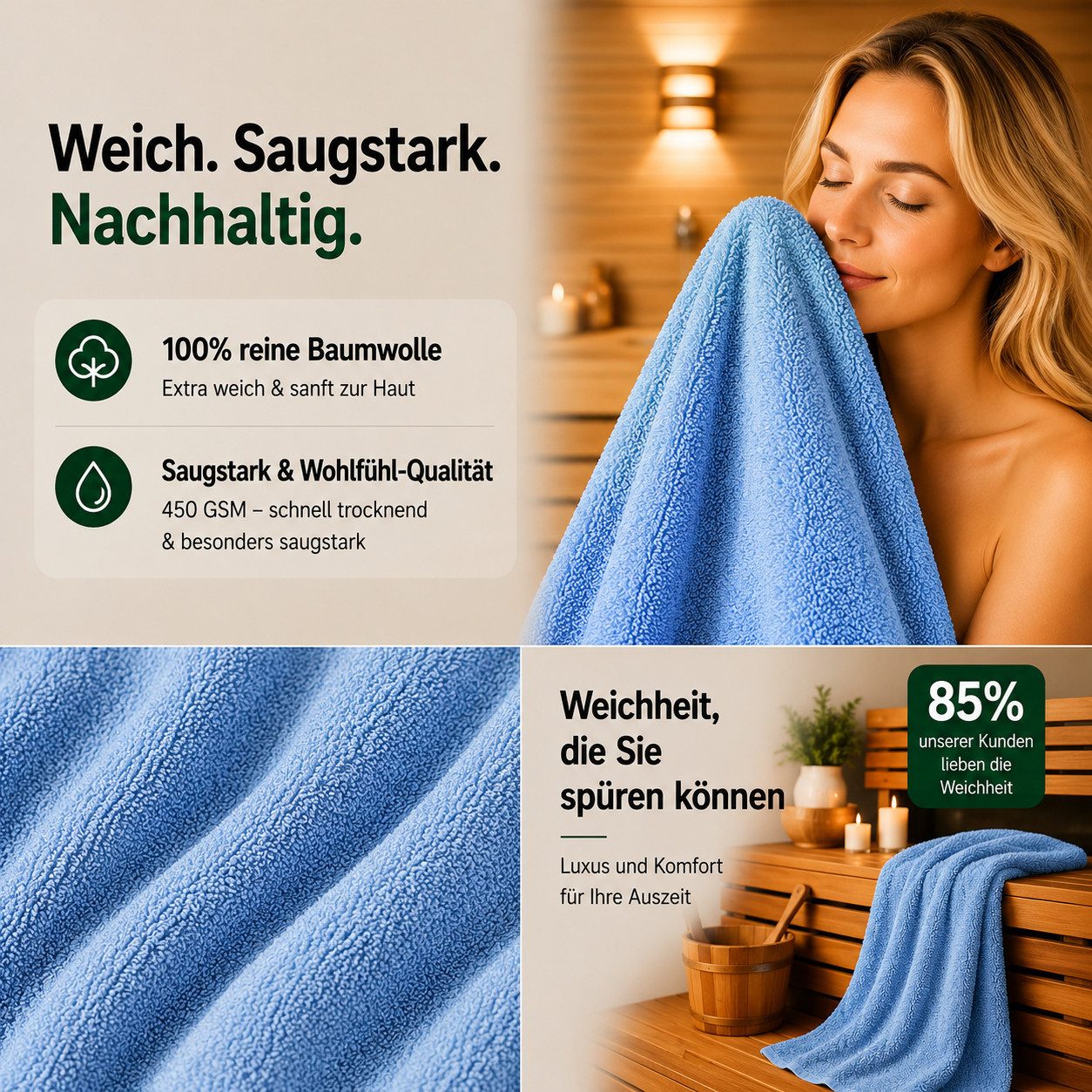 Komfortec Saunatuch 2er Set extra Große - Premium Badetuch - 80x200 XXL, Frottee (2-St), extra Große, 100% Baumwolle, Weich, Schnelltrocknend – Bild 5 von 5