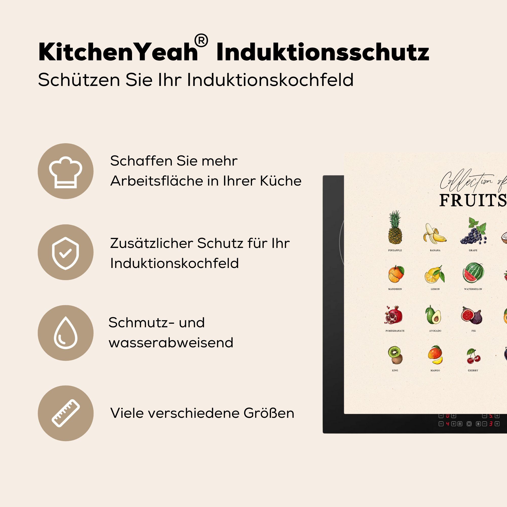 Arbeitsplatte tlg), Lebensmittel Ceranfeldabdeckung, für 78x78 küche Küche, (1 Vinyl, cm, - - MuchoWow Herdblende-/Abdeckplatte Obst