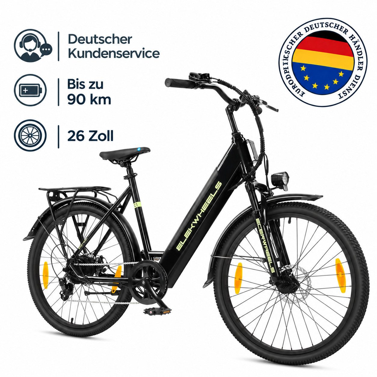 ELEKWHEELS E-Bike Cityrad 26", 36V 10Ah Akku bis 90km, 7-Gang-Schaltung, 7 Gang, Kettenschaltung, App-Steuerung mit Bluetooth