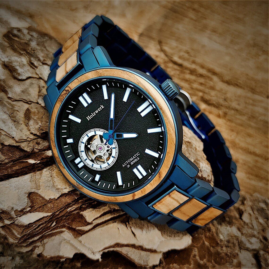 & blau, beige Uhr, Herren Holz Automatikuhr Armband COBURG schwarz, Edelstahl Holzwerk