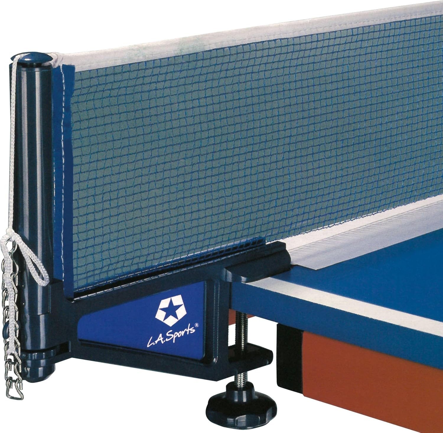 L.A. Sports Tischtennisnetz Pro 178,5 x 14,5 H mit Schraubbefestigung (Spar-Set, 2 Pfosten 2 Spannketten 1 Netz mit Seil 1 Netzlehre & Gummibeläge), wetterfest / outdoor geeignet