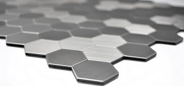 Mosani Aluminium Metall Mosaikfliesen Selbstklebende Hexagon Wandfliesen Wandpaneele Dekor, 29x28, Silber, Spritzwasserbereich geeignet, Küchenrückwand Spritzschutz