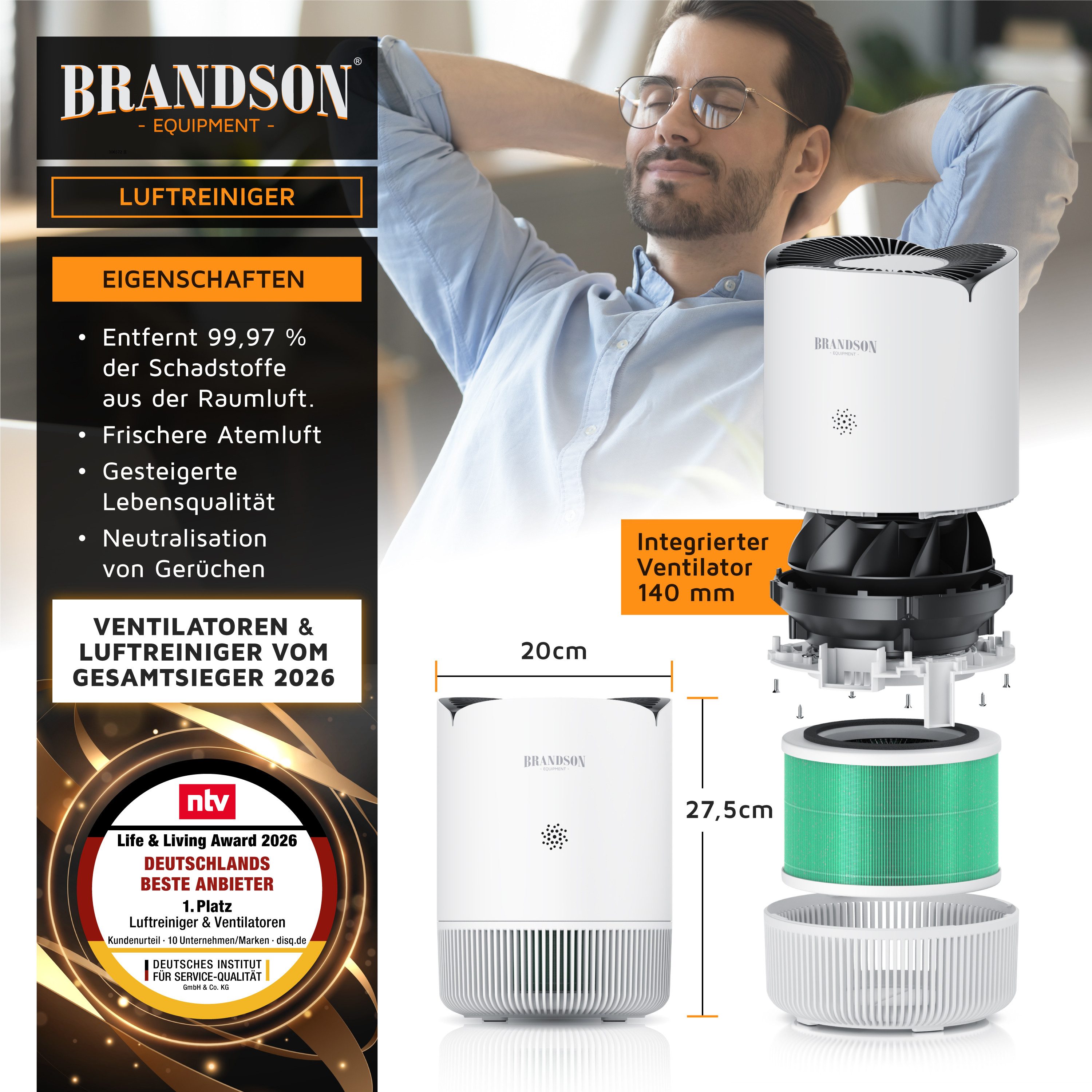 Brandson Luftreiniger für Allergiker, 4 Filterstufen HEPA Aktivkohle, Smart Home mit App, für 45 m² Räume, Air Purifier CADR 158 m³/h, entfernt bis zu 99,97 % Schadstoffe, leise