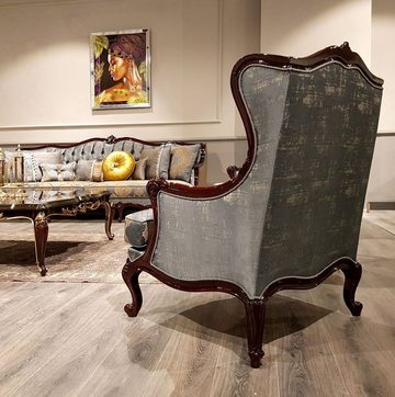 Casa Padrino Sessel Luxus Barock Ohrensessel Silber / Beige / Dunkelbraun - Prunkvoller Wohnzimmer Sessel mit elegantem Muster - Barock Möbel