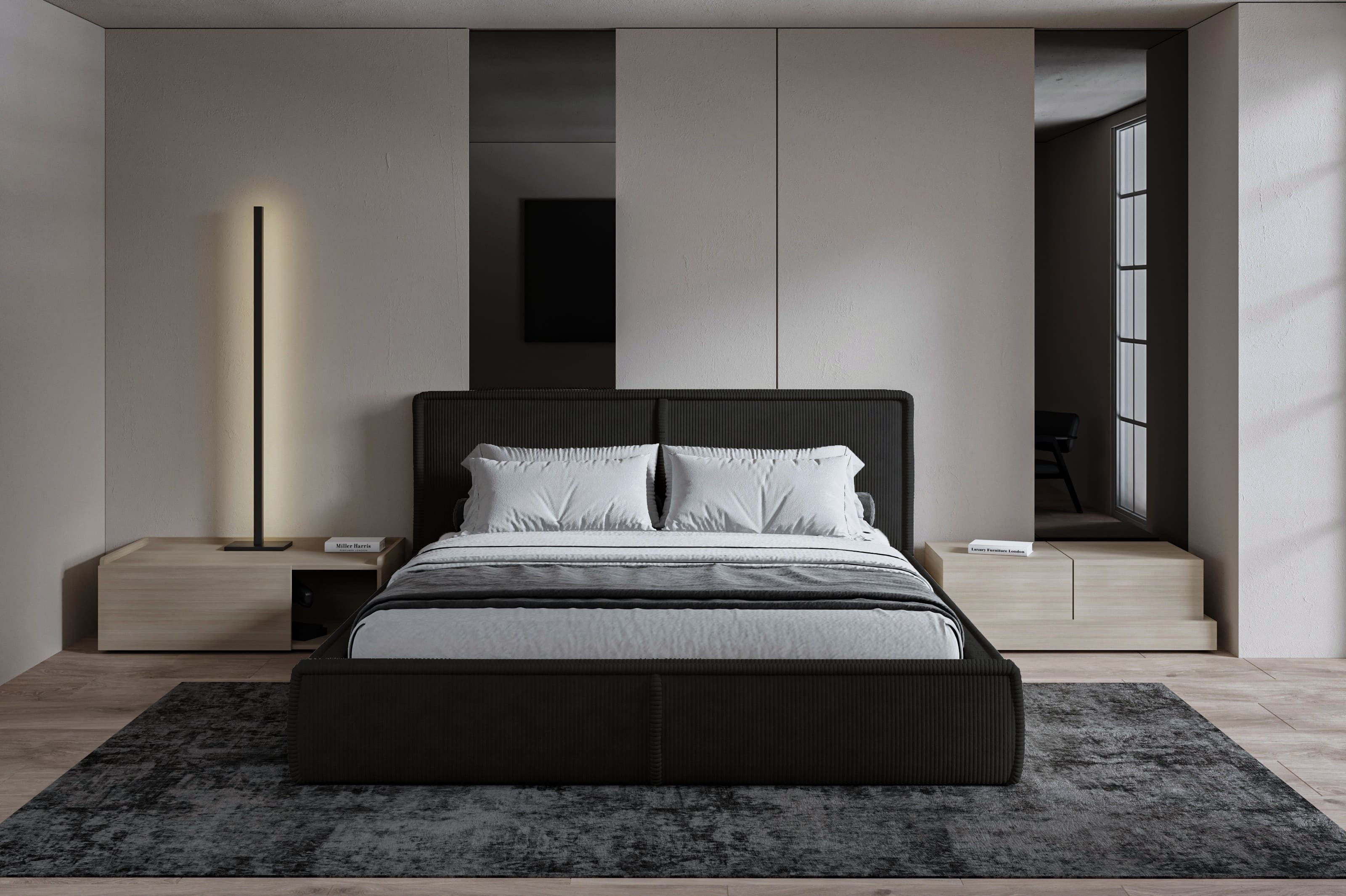 MOEBLO Polsterbett BETT 04 (Bezug: aus Cord, Doppelbett mit Kopfstütze, Rahmenbettgestell 140x200, mit Bettkasten und Lattenrost), mit Bettkasten