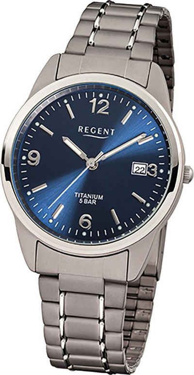 Regent Quarzuhr Regent Titan Herren Uhr F-433 Quarzuhr, Herrenuhr Titanarmband silber, grau, rundes Gehäuse, mittel (ca. 36mm)