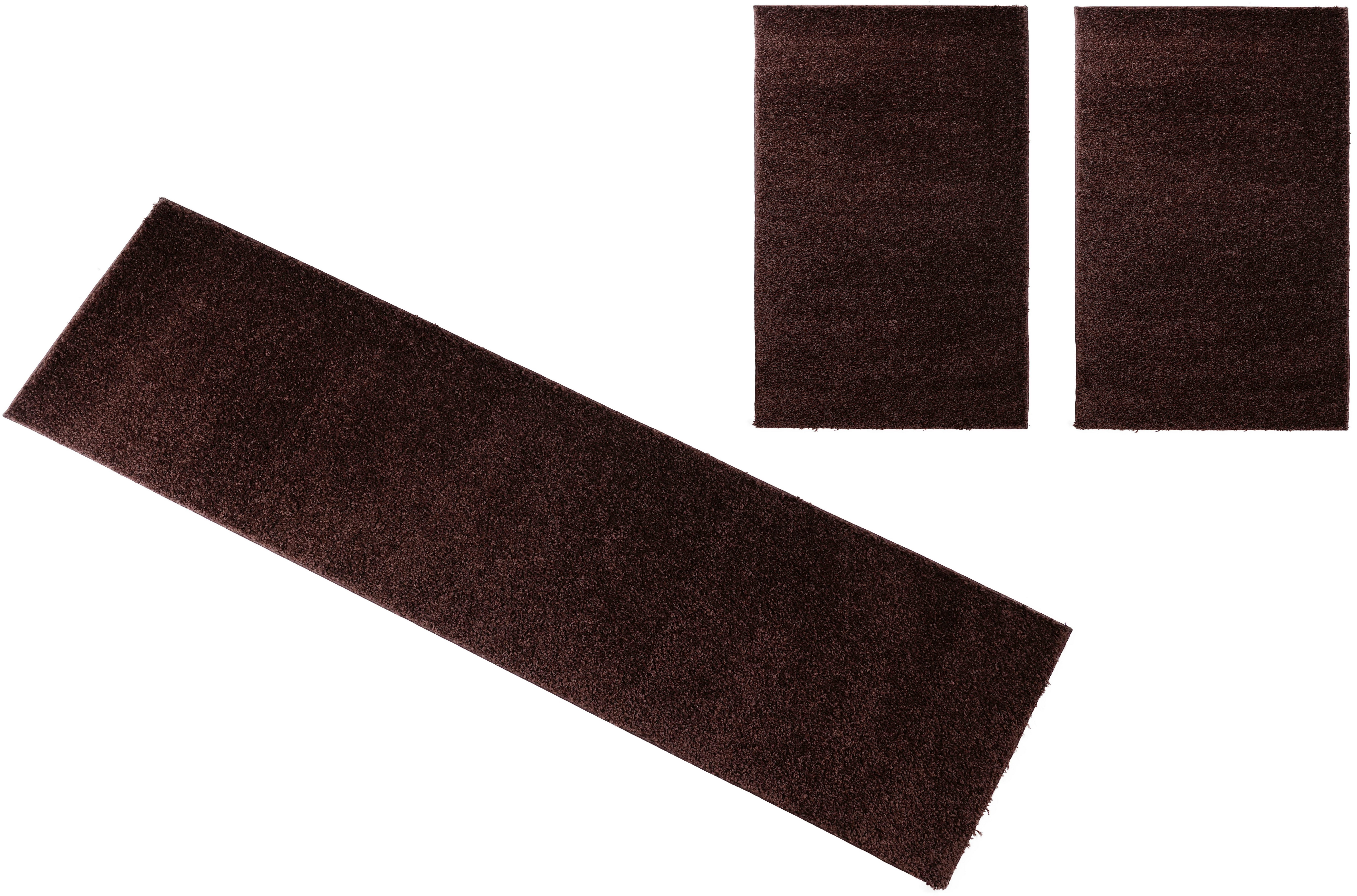 Bettumrandung Shaggy Soft Bruno Banani, Höhe 30 mm, (3-tlg), gewebt, Uni-Farben, besonders weich, Bettvorleger, Läufer-Set dunkelbraun