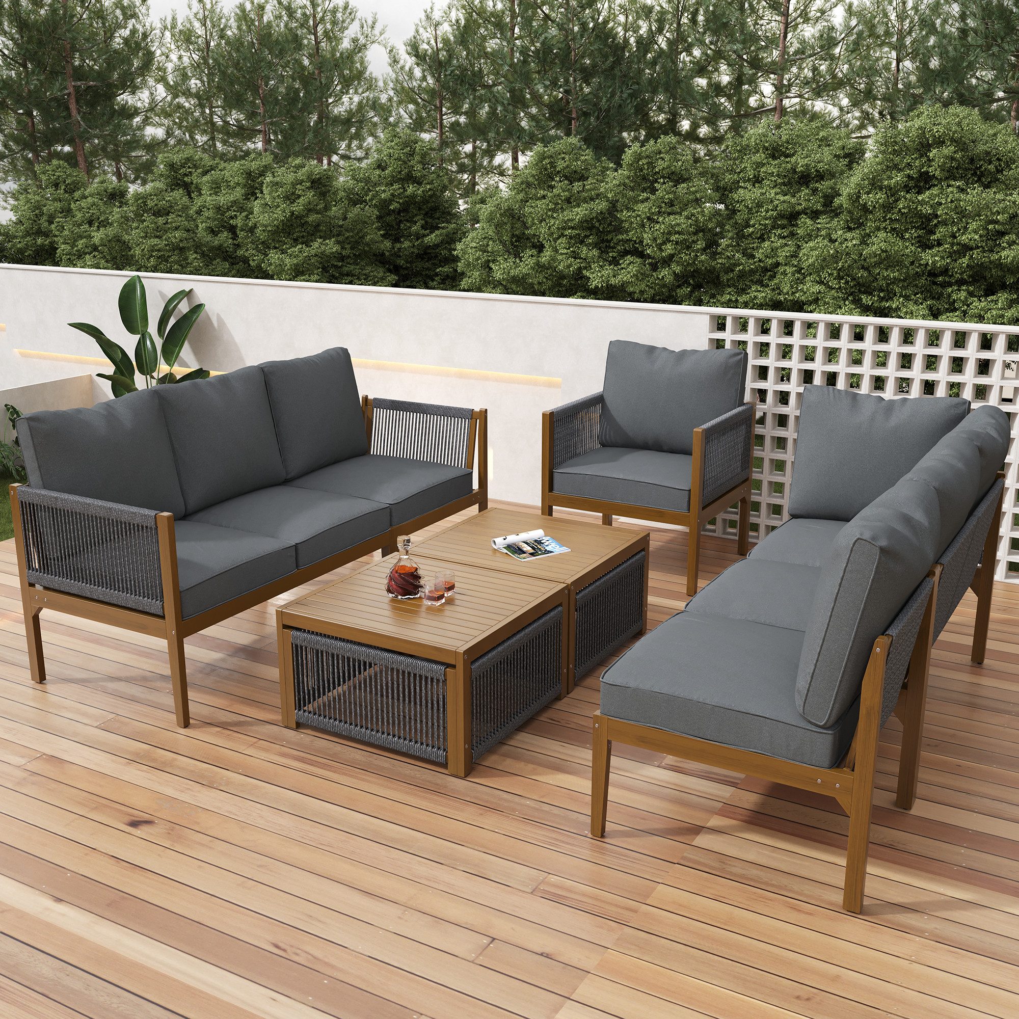 MODFU Gartenlounge-Set Outdoor Sofagarnitur aus Akazienholz, (Gartengarnitur, Essgruppe, 6-tlg., mit abnehmbarer und waschbarer Stoffbezug), Sitzgruppe mit Sofa, Tisch& Kissen