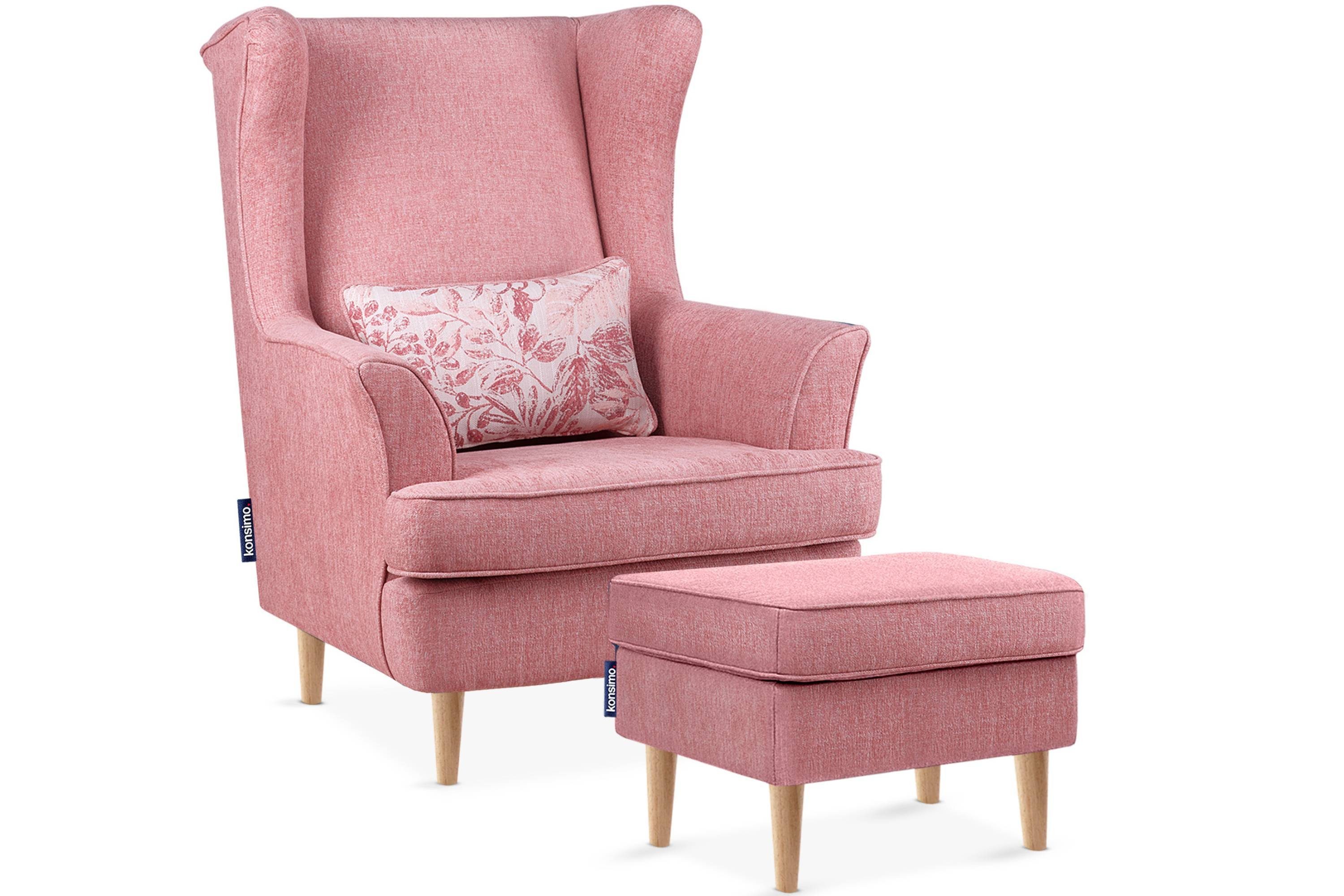 Konsimo Ohrensessel STRALIS Sessel inklusive Hocker, Kissen mit zeitloses Design, hohe dekorativem Füße