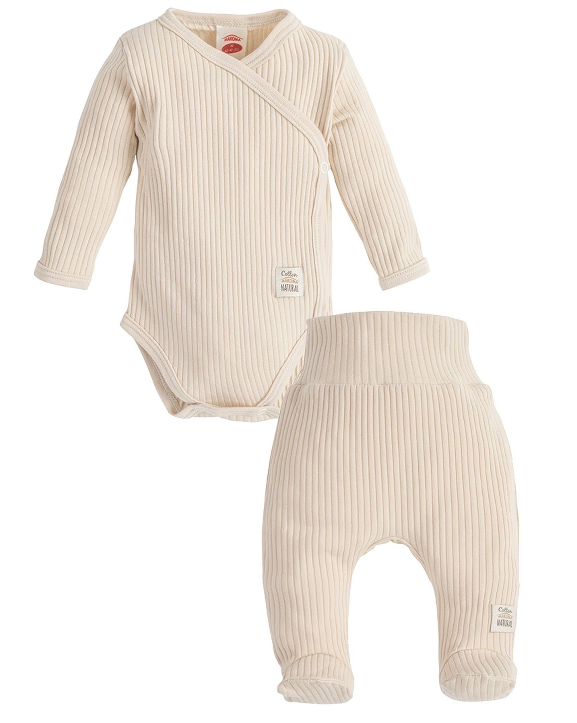 Makoma Erstausstattungspaket Baby 100% Kleidung-Set Neutral mit (Set, Wickelbody Fuß Beige -Harmony- Hose 2-tlg) Baumwolle &