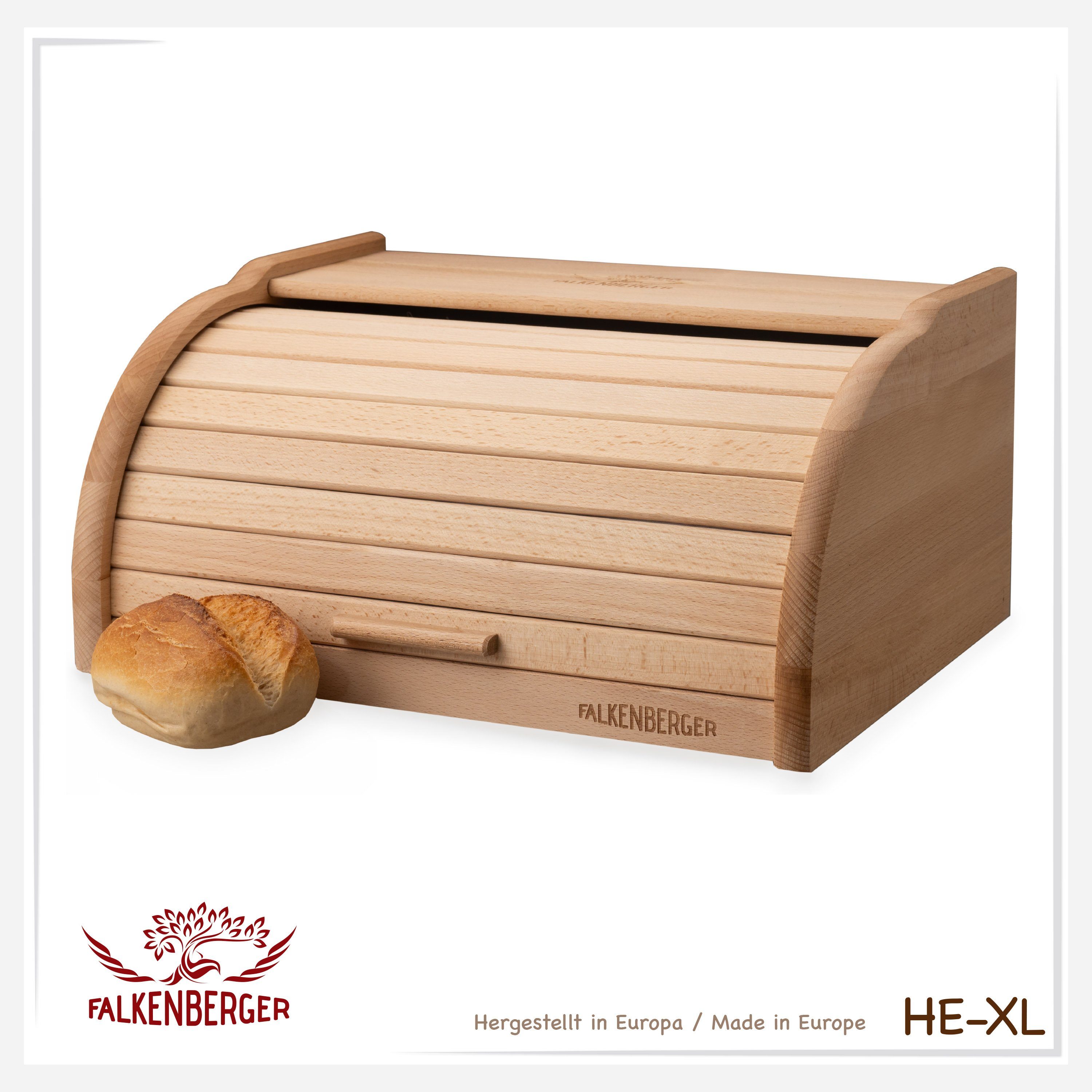 FALKENBERGER Brotkasten Brotkasten XL 38,2x28,2x18cm, Brotbox Roll-Deckel 1 Rollbrotkasten traditionell Brot mit (1-tlg., Holz, Teilig), für Handmade