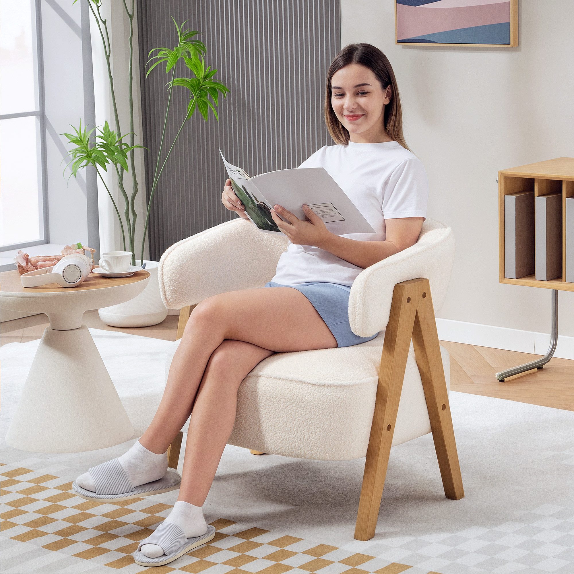 HOMCOM Relaxsessel Polstersessel (Armlehnstuhl, 1-St., Wohnzimmer-Sessel), Armlehnstuhl mit Holzbeinen, Weiß