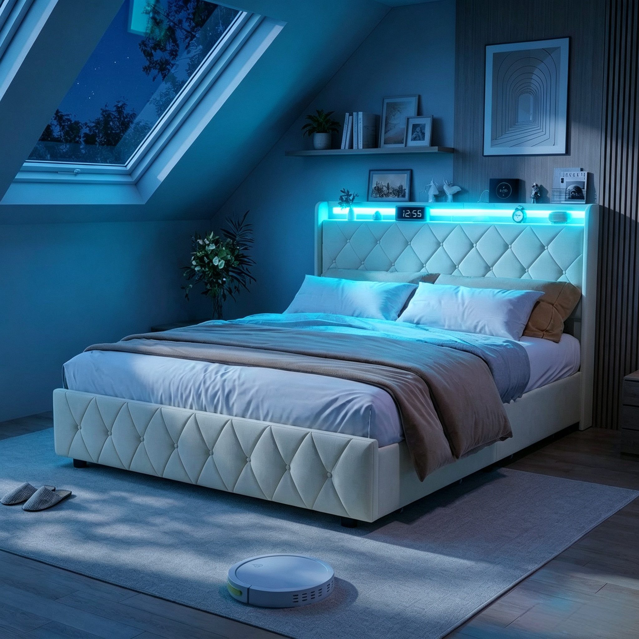 PXloue Polsterbett Led Doppelbett (1-tlg., Modernes Jugendbett, Leises Design Bett, Samtmaterial Polsterbett), Mit LED-Beleuchtung und Ladefunktion, Belastbarkeit 300 kg