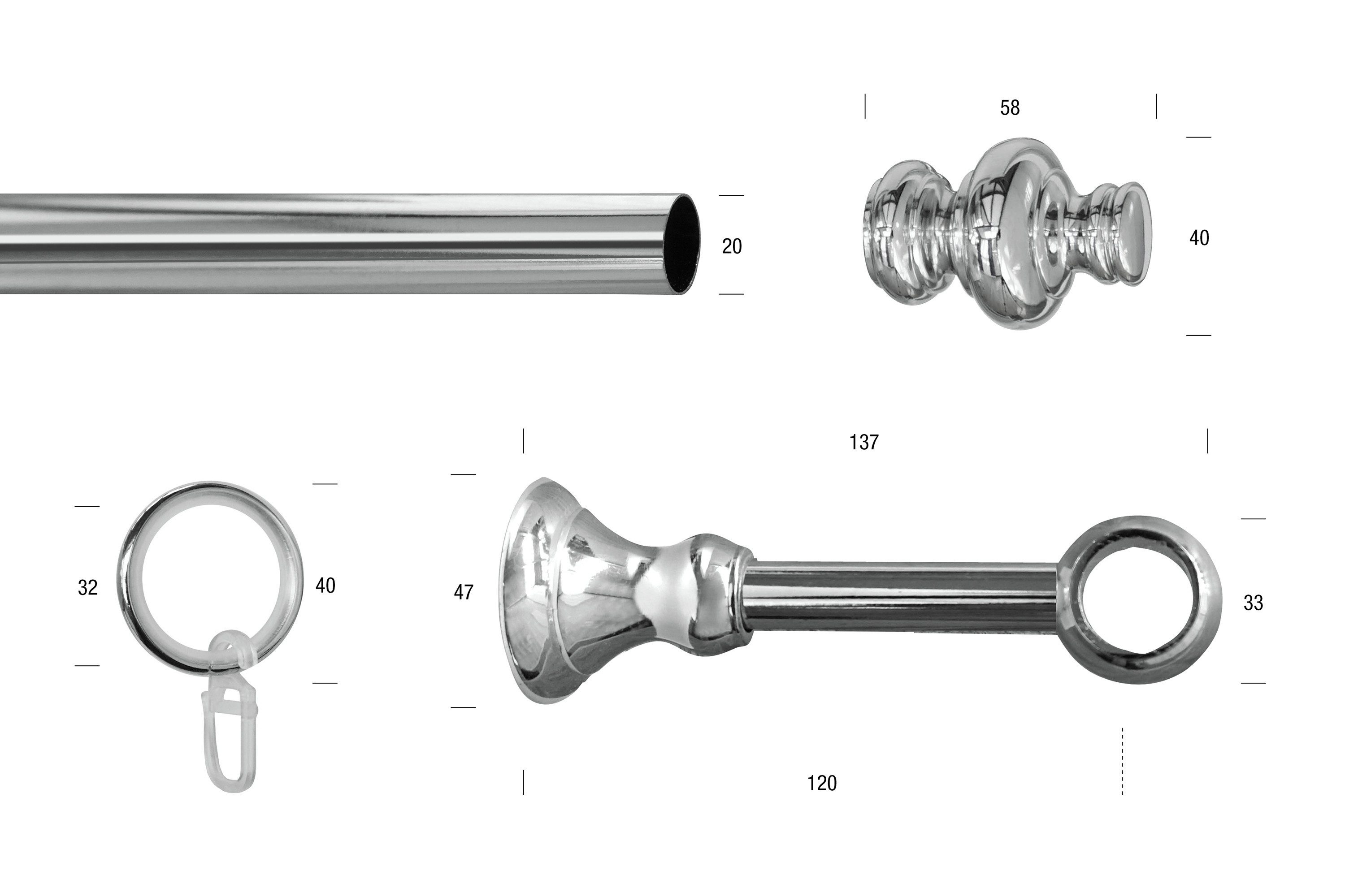 GARESA Gardinenstange ANDREA, Ø 20 mm, 1-läufig, Wunschmaßlänge, verschraubt, Metall, Vorhanggarnitur, verlängerbar, Endknopf Profil groß, mit Ringen