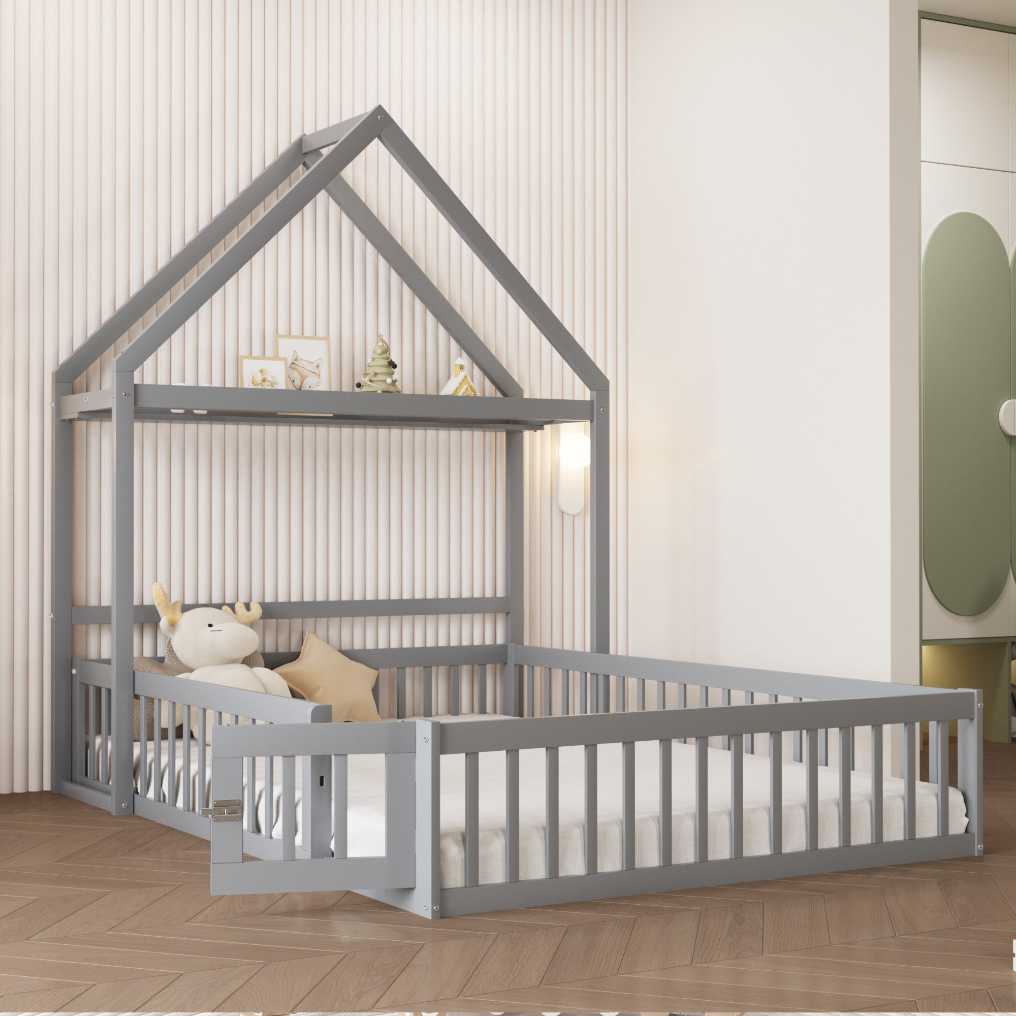 MODFU Kinderbett Bodenbett mit Dach (multifunktionales Hausbett aus Holz mit Zaun und Tür, 140 x 200 cm), ohne Matratze