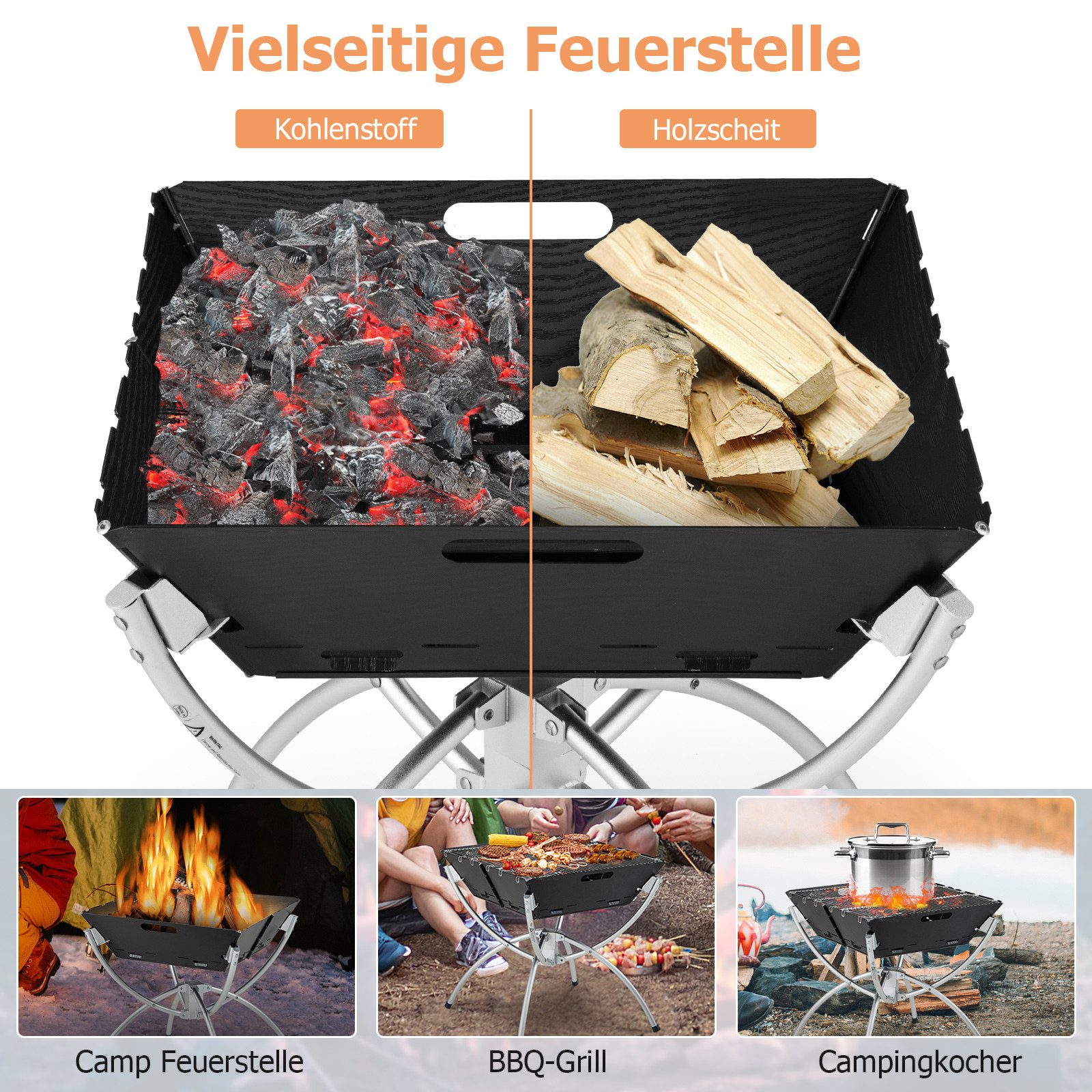 KOMFOTTEU Holzkohlegrill, 3 in 1 Feuerstelle Outdoor, mit Edelstahlgrill