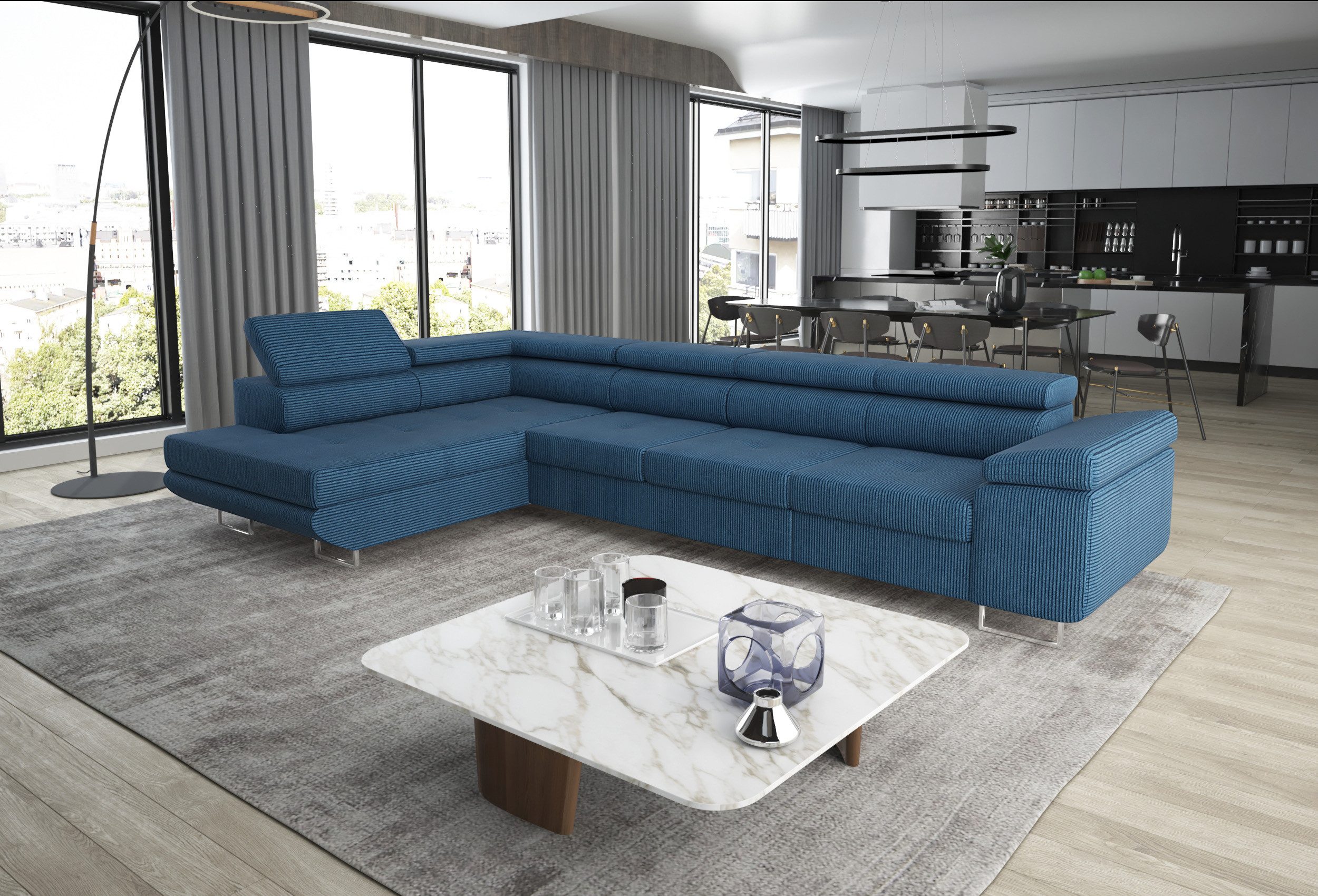 thematys Ecksofa ASTON LONG 355 x 204cm mit Schlaffunktion & Bettkasten – L-Sofa, mit Kopfstützen, Cord (Poso) oder Samt (Monolith), - XXL Wohnlandschaft im modernen Design