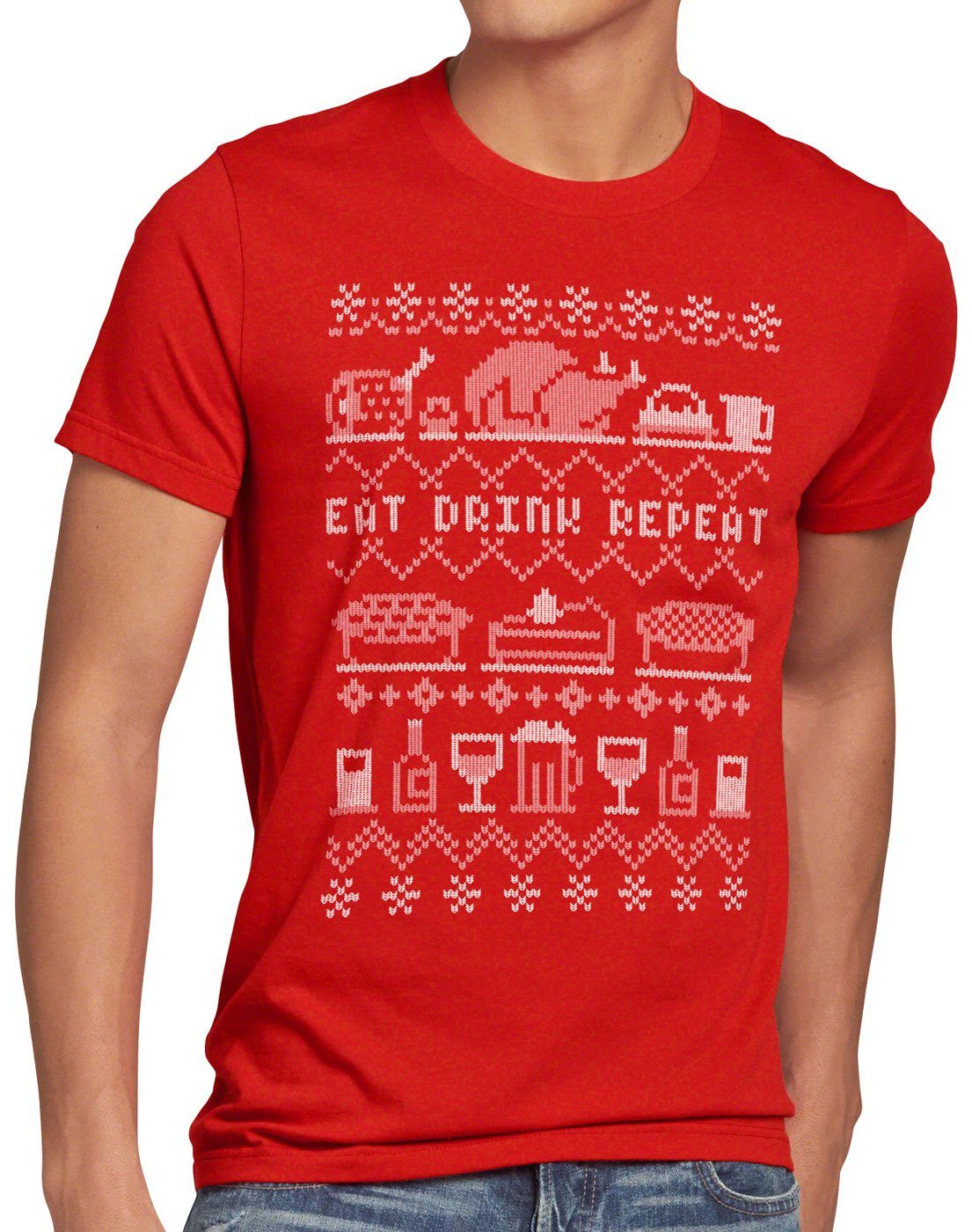 style3 Print-Shirt Herren T-Shirt Eat Drink Repeat Ugly Sweater weihnachtsessen fressen feiertage x-mas pulli rot