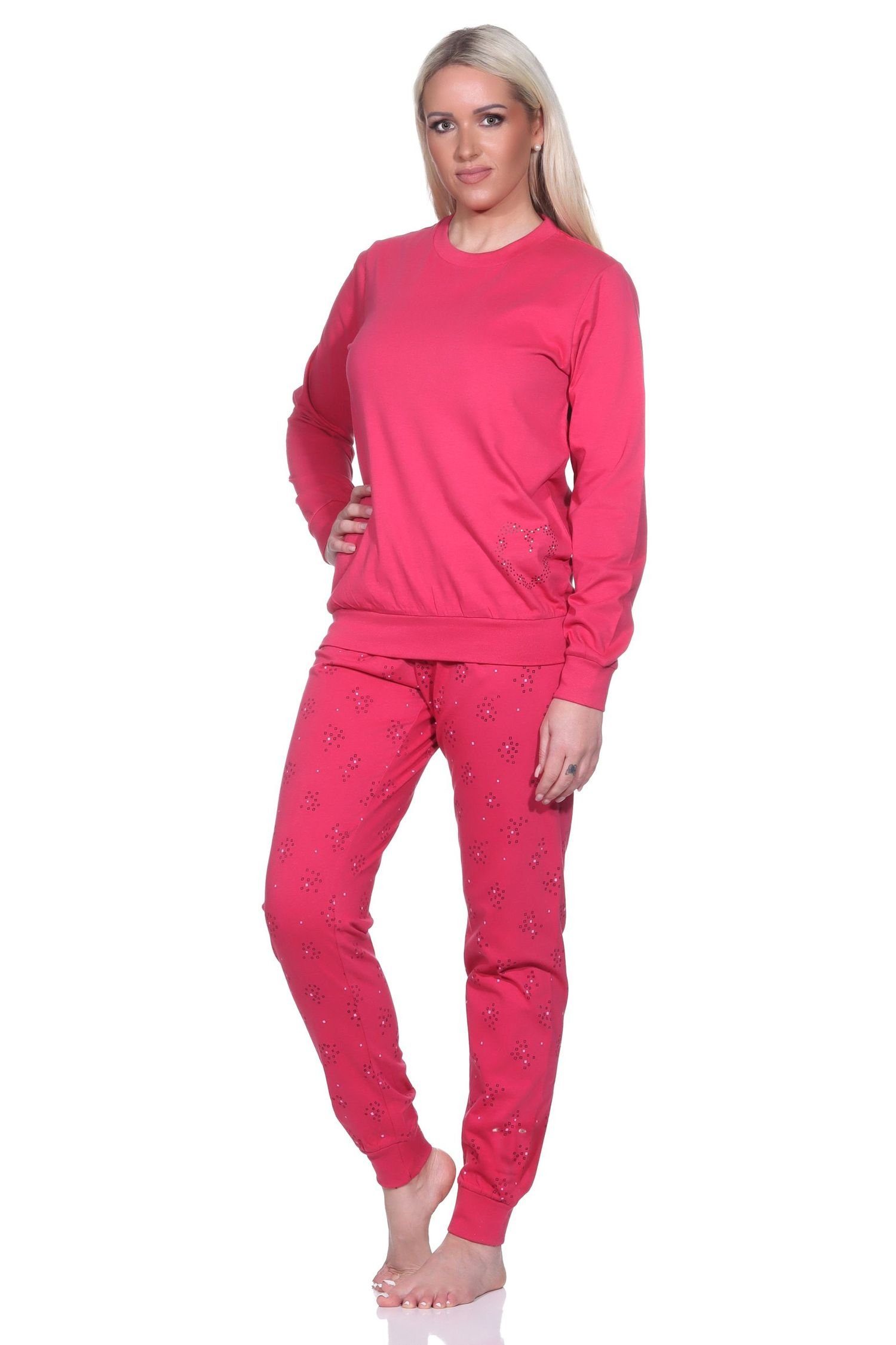 mit mit Motiv Pyjama pink Normann langarm Schlafanzug Normann Pyjama Bündchen Herz Damen