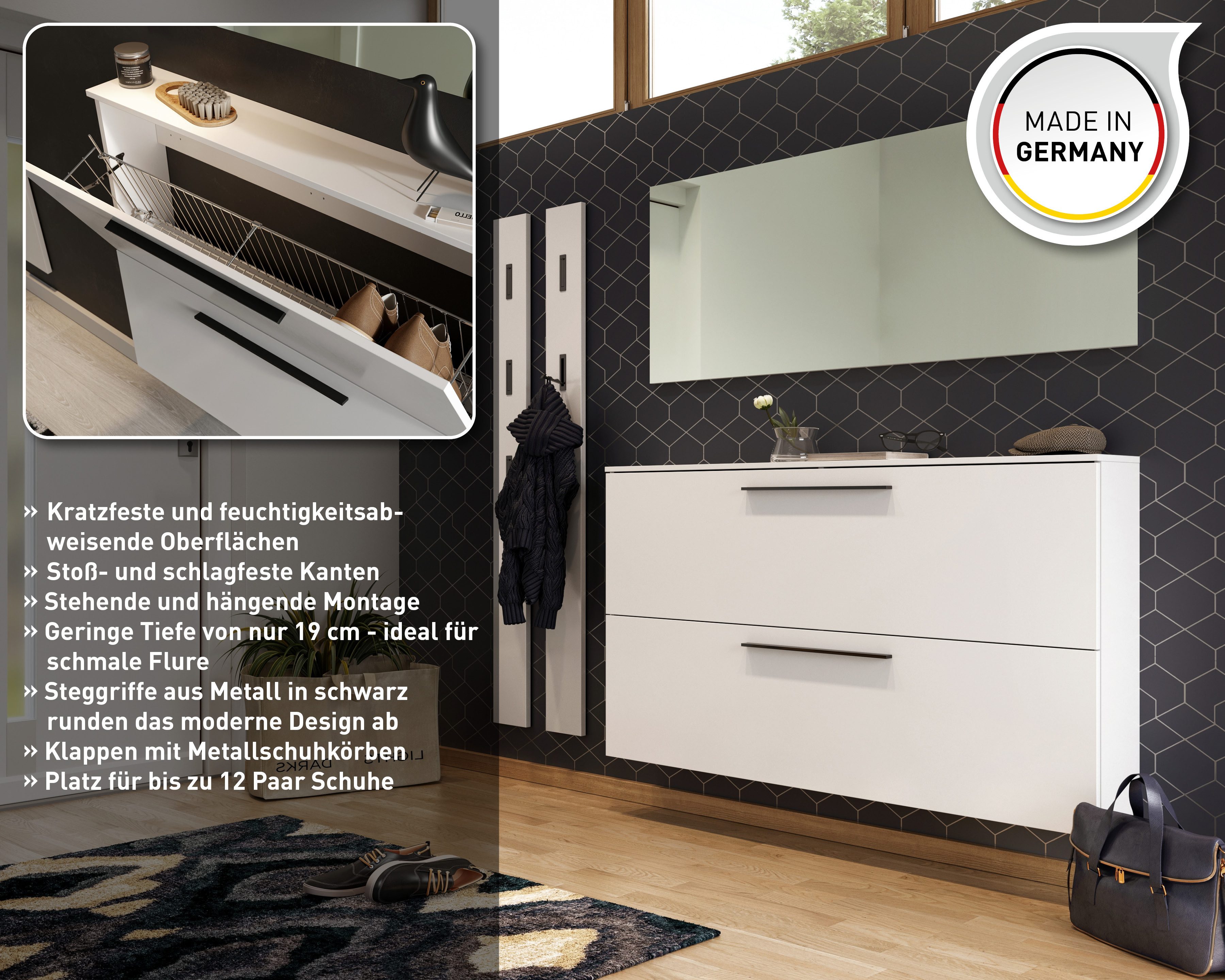 GERMANIA Schuhschrank Utah Schuhschrank in 2 Breiten, mit 2 oder 3 Klappen Tiefe: 19cm, ideal für schmale Flure, Metallschuhkörbe,Made in Germany – Bild 3 von 5