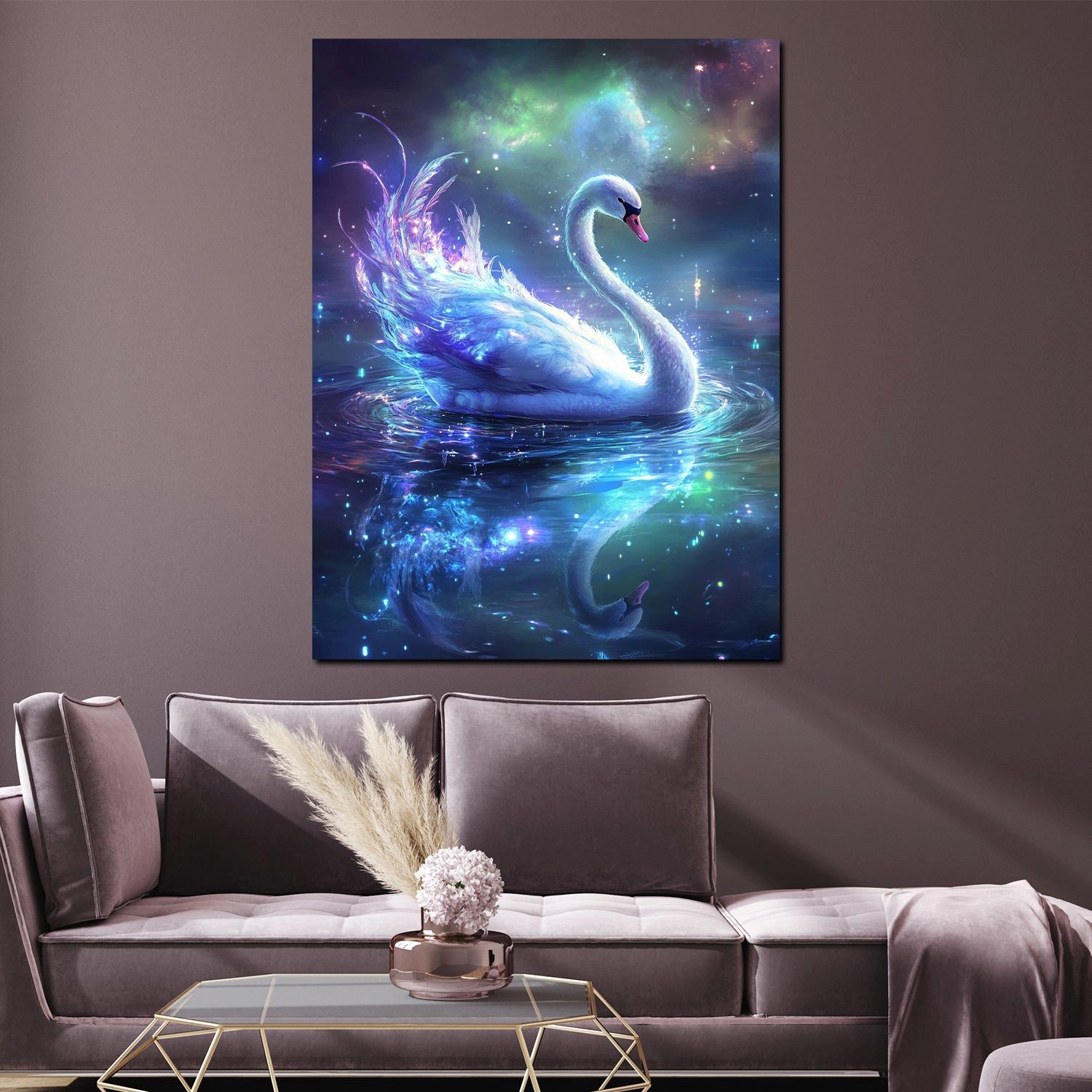 Artedinoi Leinwandbild Magischer Schwan leuchtende Federn Leinwandbild Wandbild Kunstdruck XL, Schwan mit leuchtenden Federn