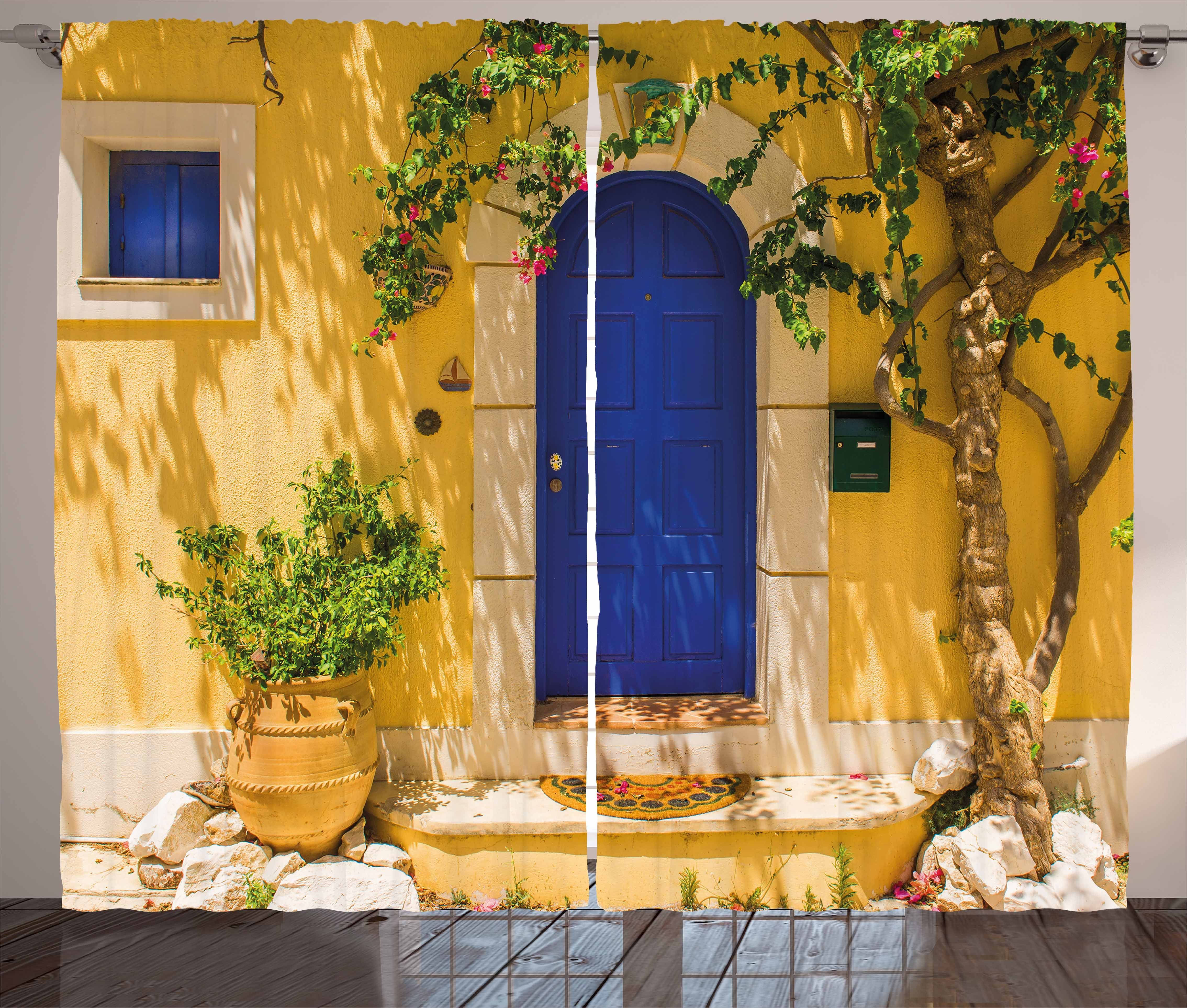 Gardine Schlafzimmer Kräuselband Vorhang mit Schlaufen und Haken, Abakuhaus, Gelb und Blau Greek House