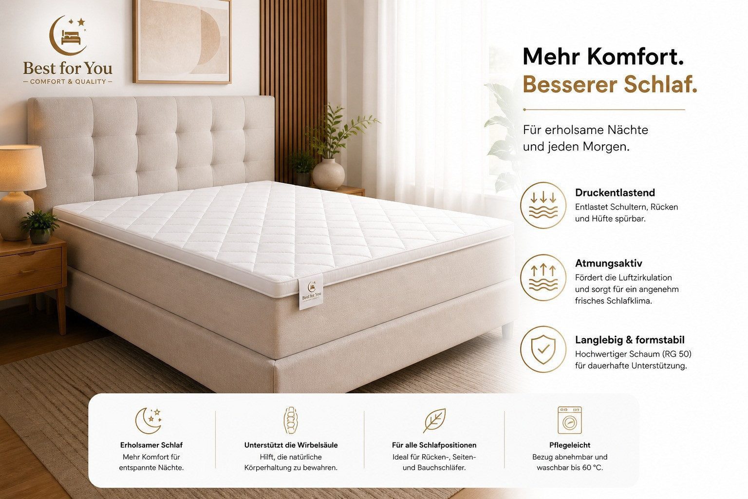 Matratzenauflage Visco Topper RG50 Memory Foam Orthopädische Matratzenauflage H2,5 Best for You, orthopädische Unterstützung, ergonomische Körperanpassung