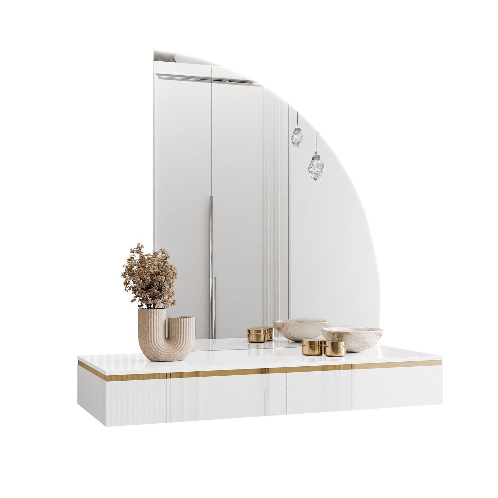 ALLHOUSE24 Schminktisch Hängender Schminktisch PEONY GOLD Halbmond Spiegel mit Beleuchtung (1x Konsolentisch, 1x Spiegel mit LED Beleuchtung), Breite: 102 cm