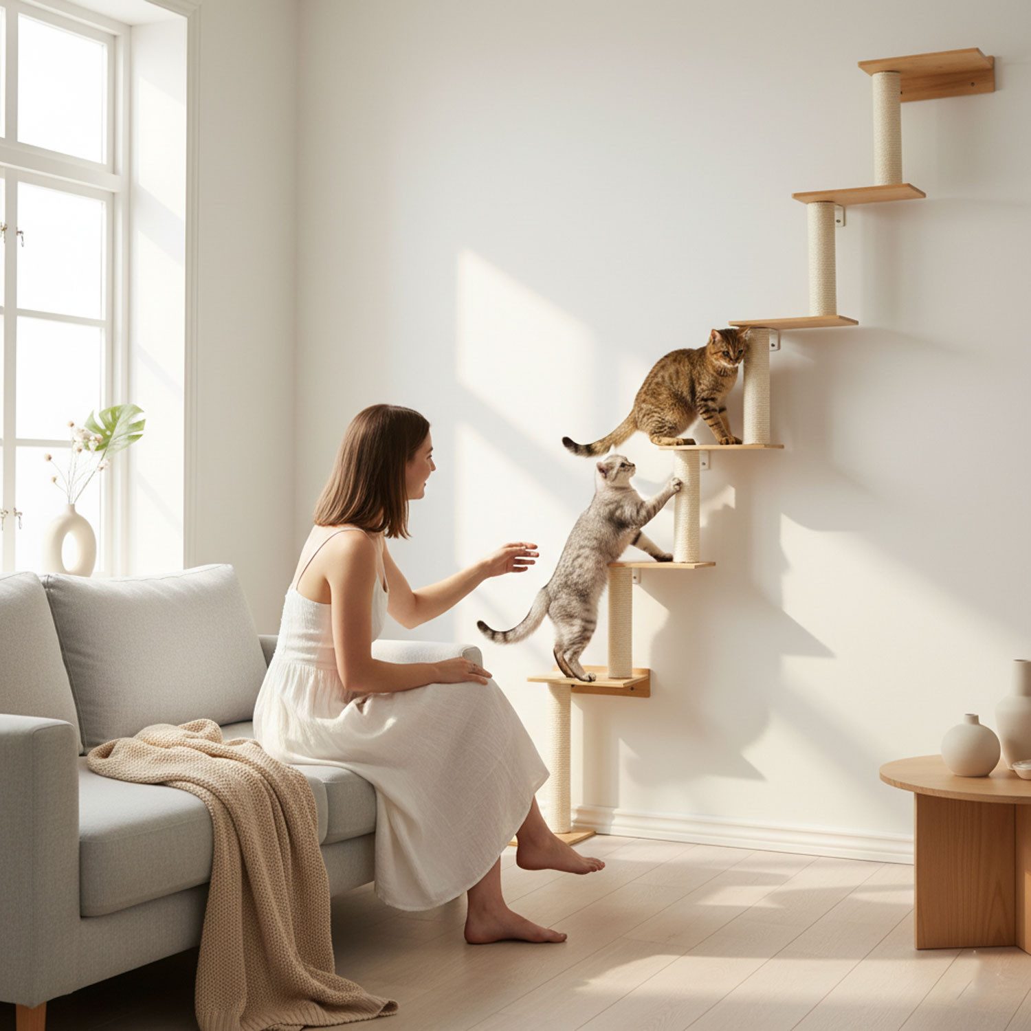 eyepower Kratzbaum zur Wandmontage - 251 cm Wandkratzbaum für Katzen mit 7 Bambus Plateau, Sisalstamm Wand - Katzenkratzbaum platzsparend - Kletterwand Katze