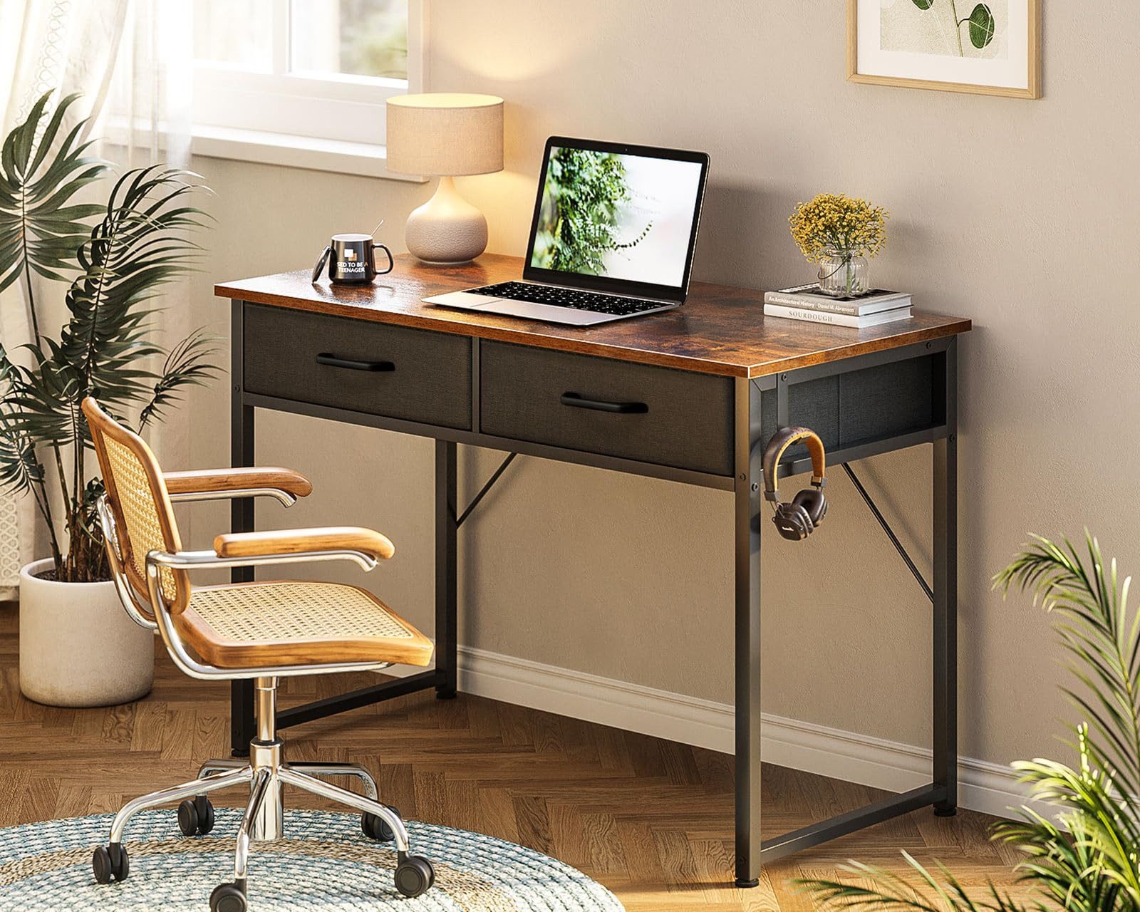 ODK Schreibtisch mit 2 Stoffschubladen und Kopfhörerhaken (1-St), Kompakter PC-Tisch für Home Office, 100×40×78,7 cm – Bild 4 von 5