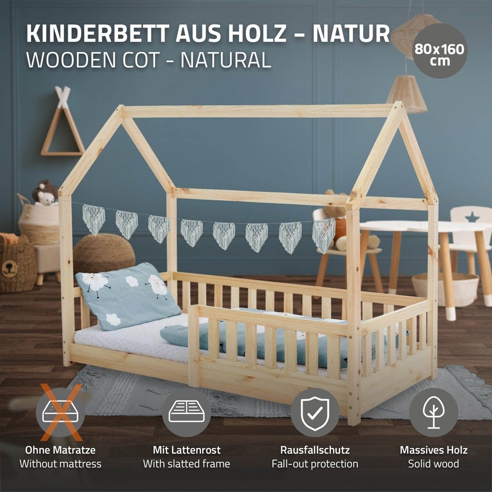 ML-DESIGN Spielbett Hausbett Kinderbett inkl. Lattenrost kreativ Bodenbett für Kinder, Abenteuerbett zum Spielen mit Rausfallschutz Kiefer Natur Himmelbett – Bild 2 von 5