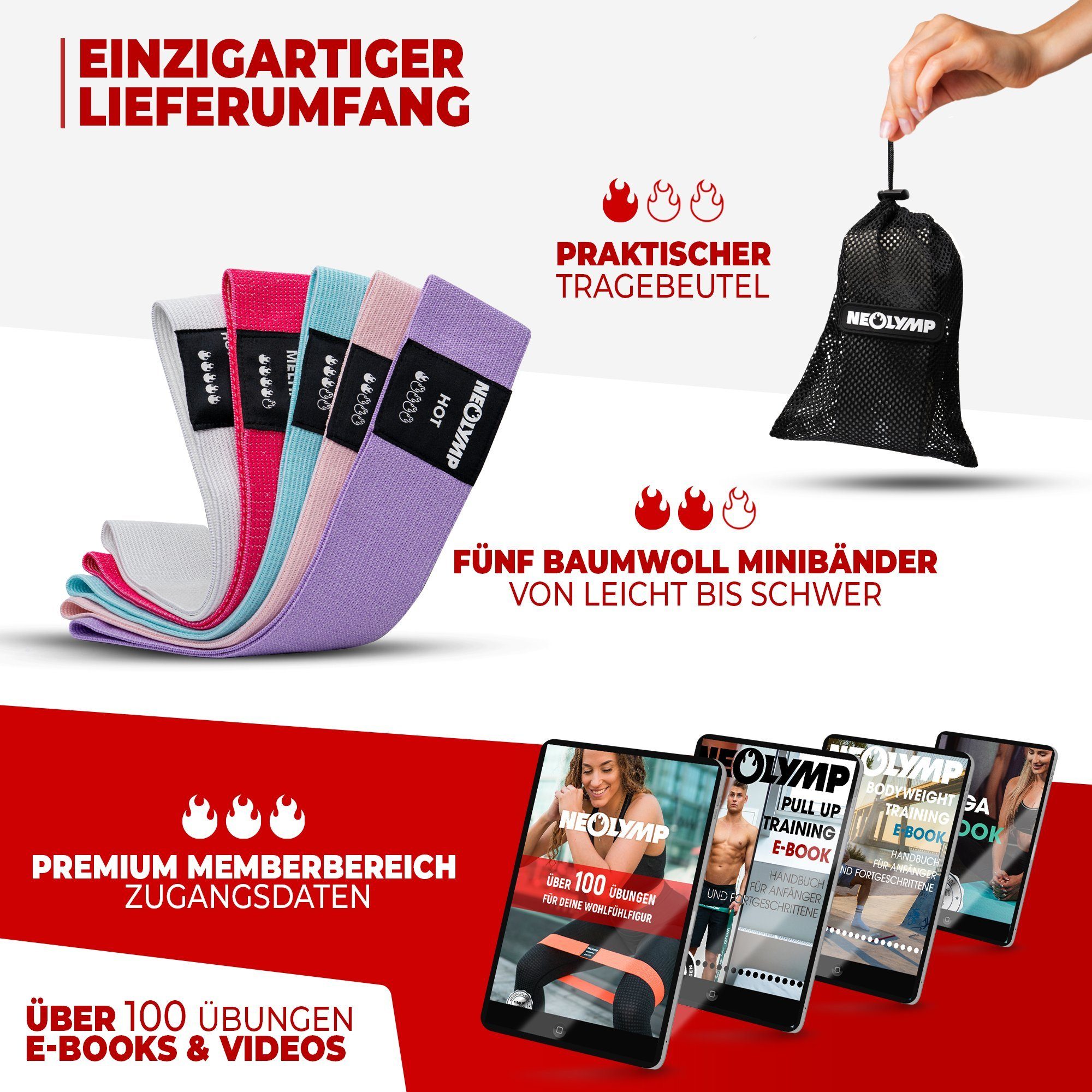 Set MinibänderI komfortabel, Trainingsband E-Book, Bauch NEOLYMP Edition hygienisch, Beine mit IMB310, Premium waschbar Limited 5er Trainingsband langlebig, Naturfasern, PoI Fitnessbänder