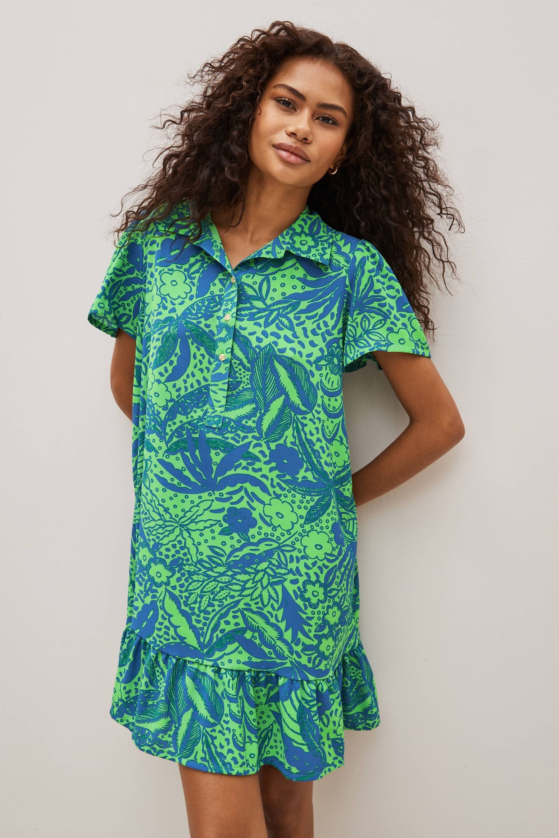 Celia Birtwell (1-tlg) Kurzärmeliges Next Floral Mini-Hemdkleid Green / Blue Minikleid