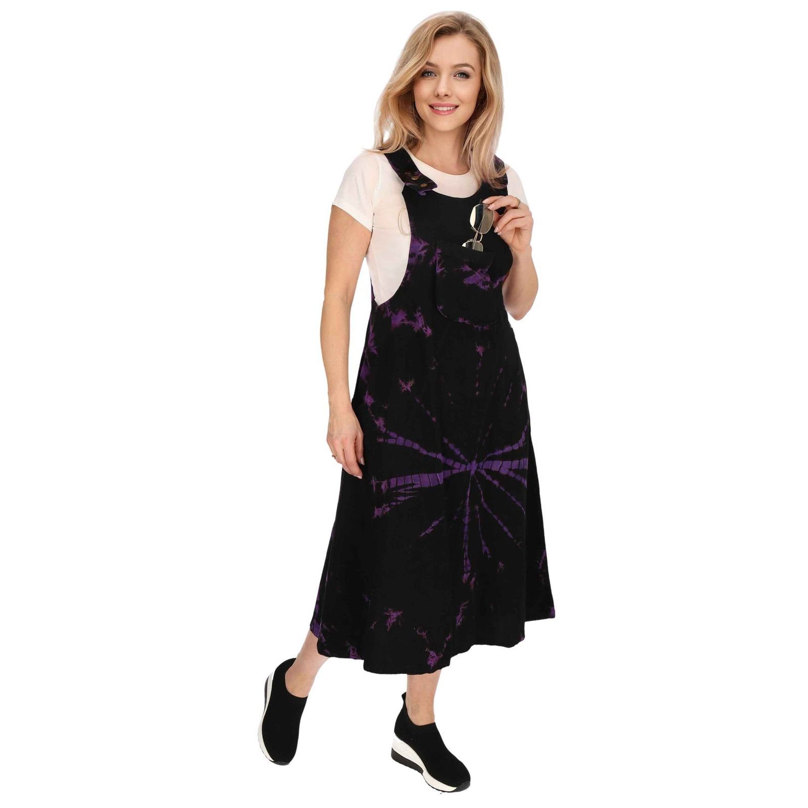 / Ibiza UND bunt KUNST Hippie Dy Tie Schwarz 70er Latzkleid Lila Sommerkleid Latzhose Batik Boho Overall MAGIE